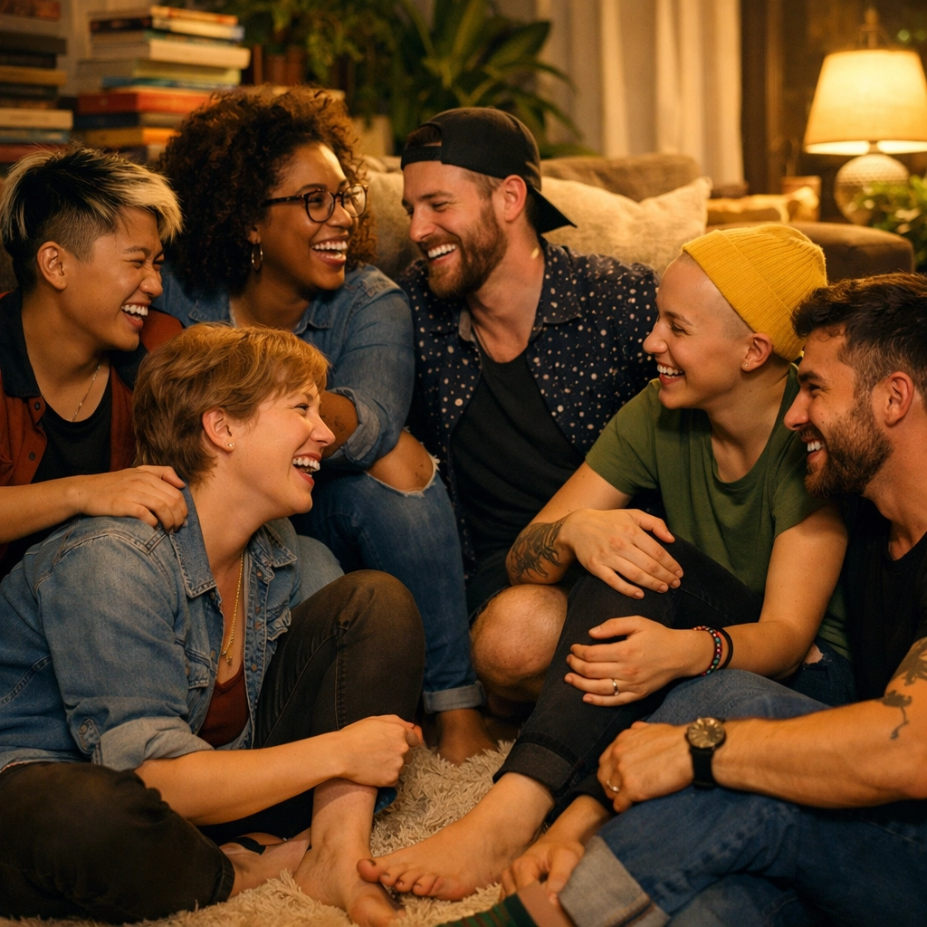 A diverse group of LGBTQ+ friends sharing books and laughter, highlighting the power of chosen family.