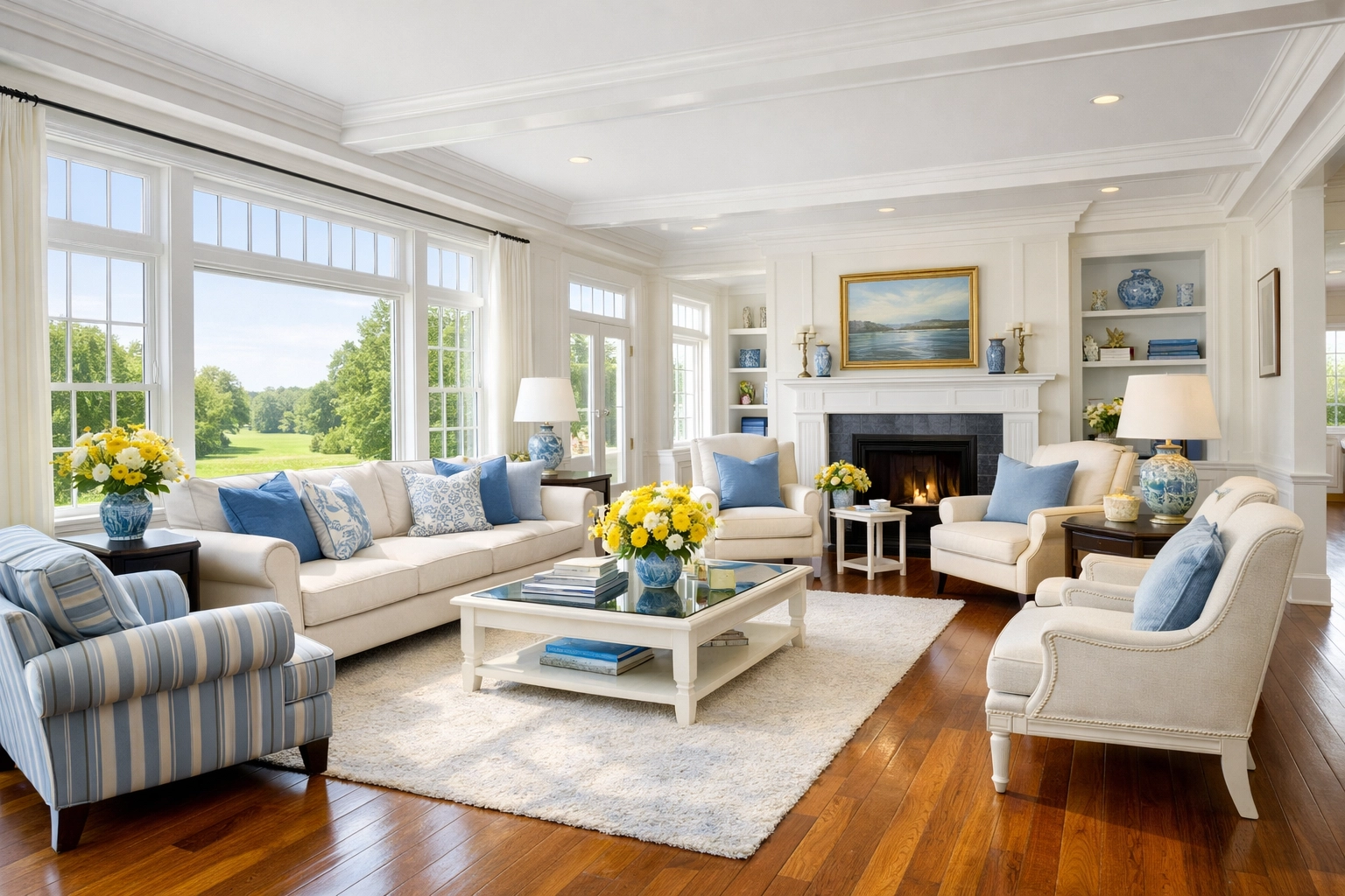 Clean and bright Sharon living room with polished floors after professional residential cleaning in Sharon.