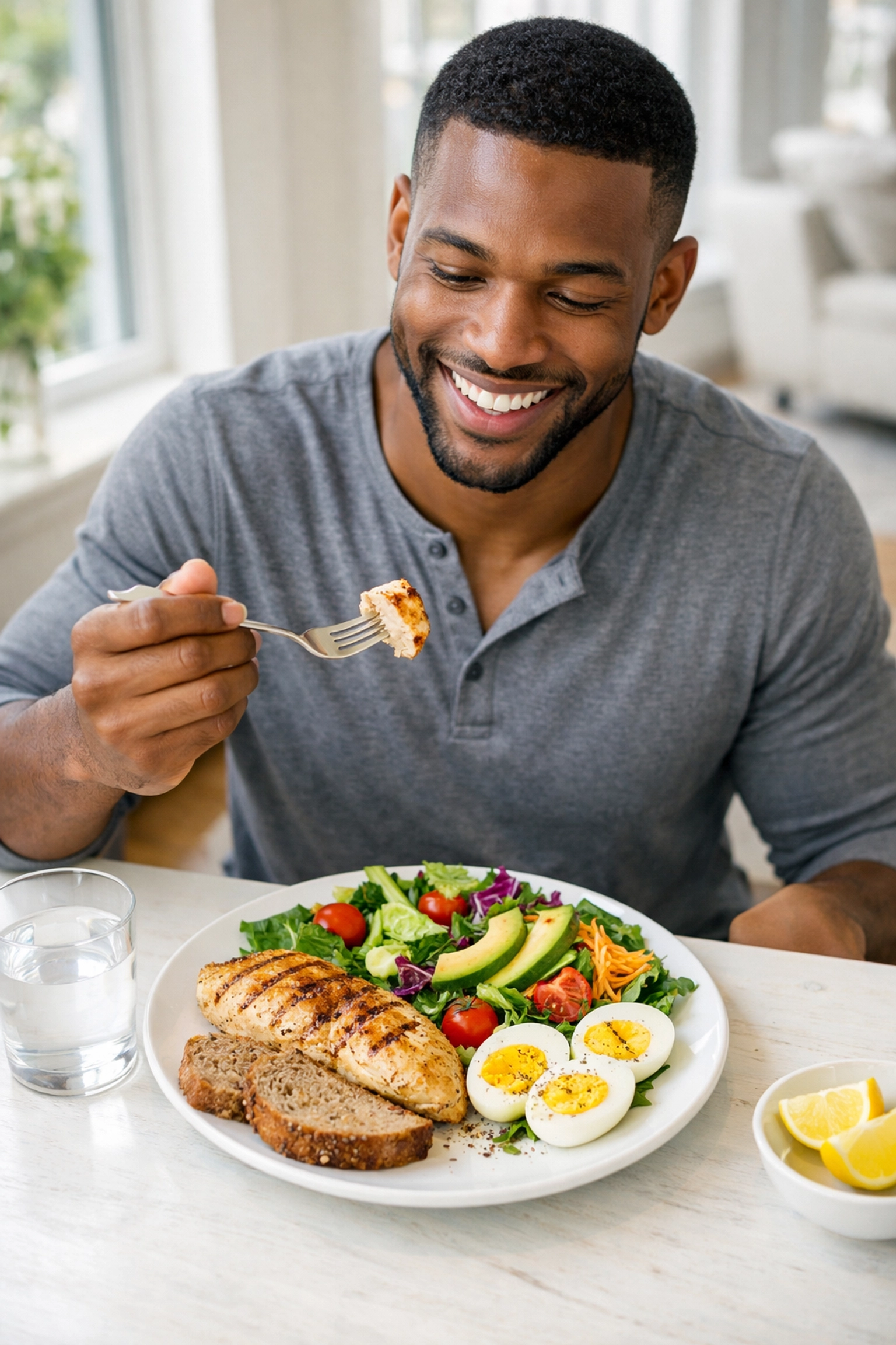 Balanced meal with grilled chicken, salad, avocado, eggs, and whole grain bread for stable energy