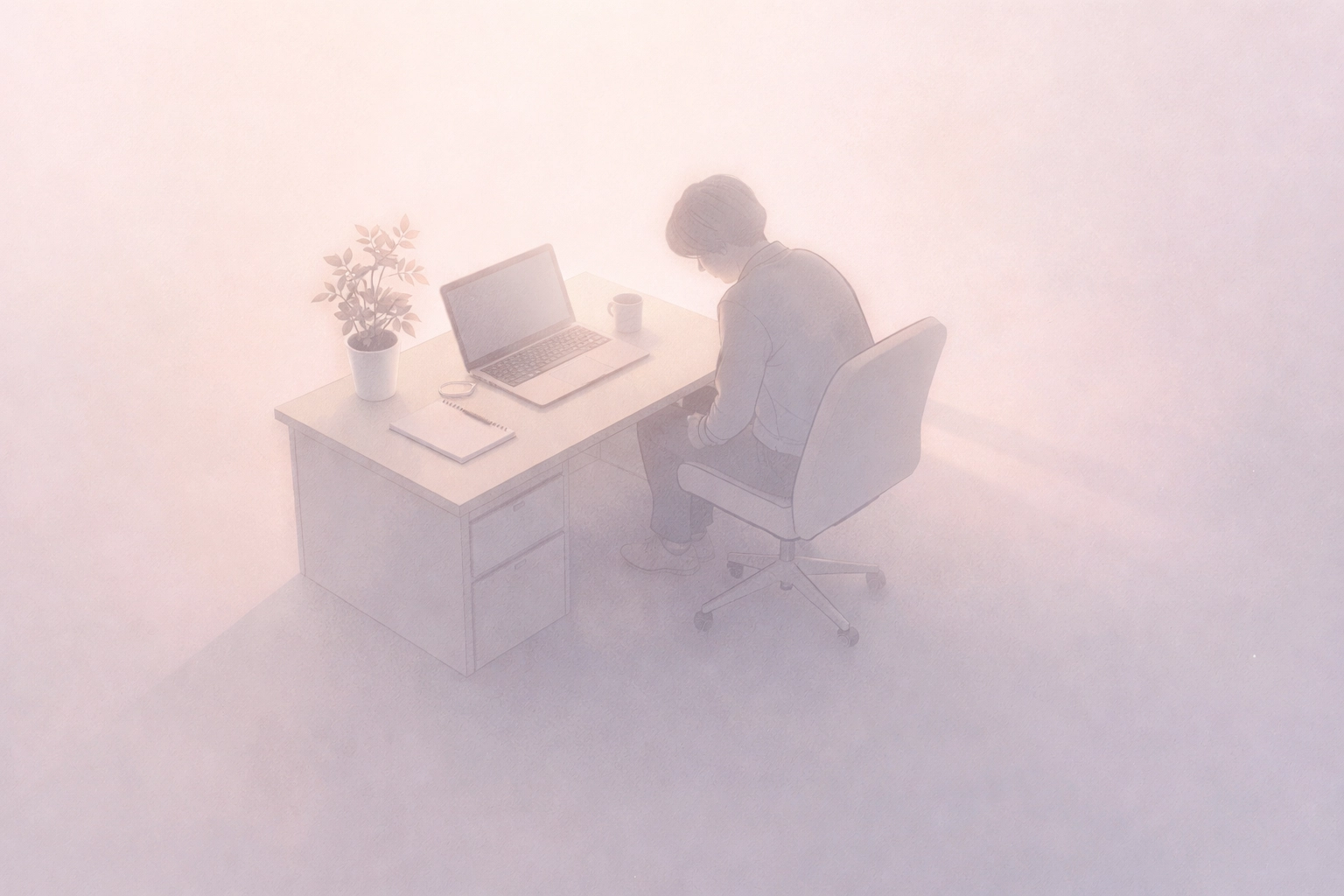 LGBTQ+ professional sitting alone at an office desk, symbolizing workplace stress and burnout