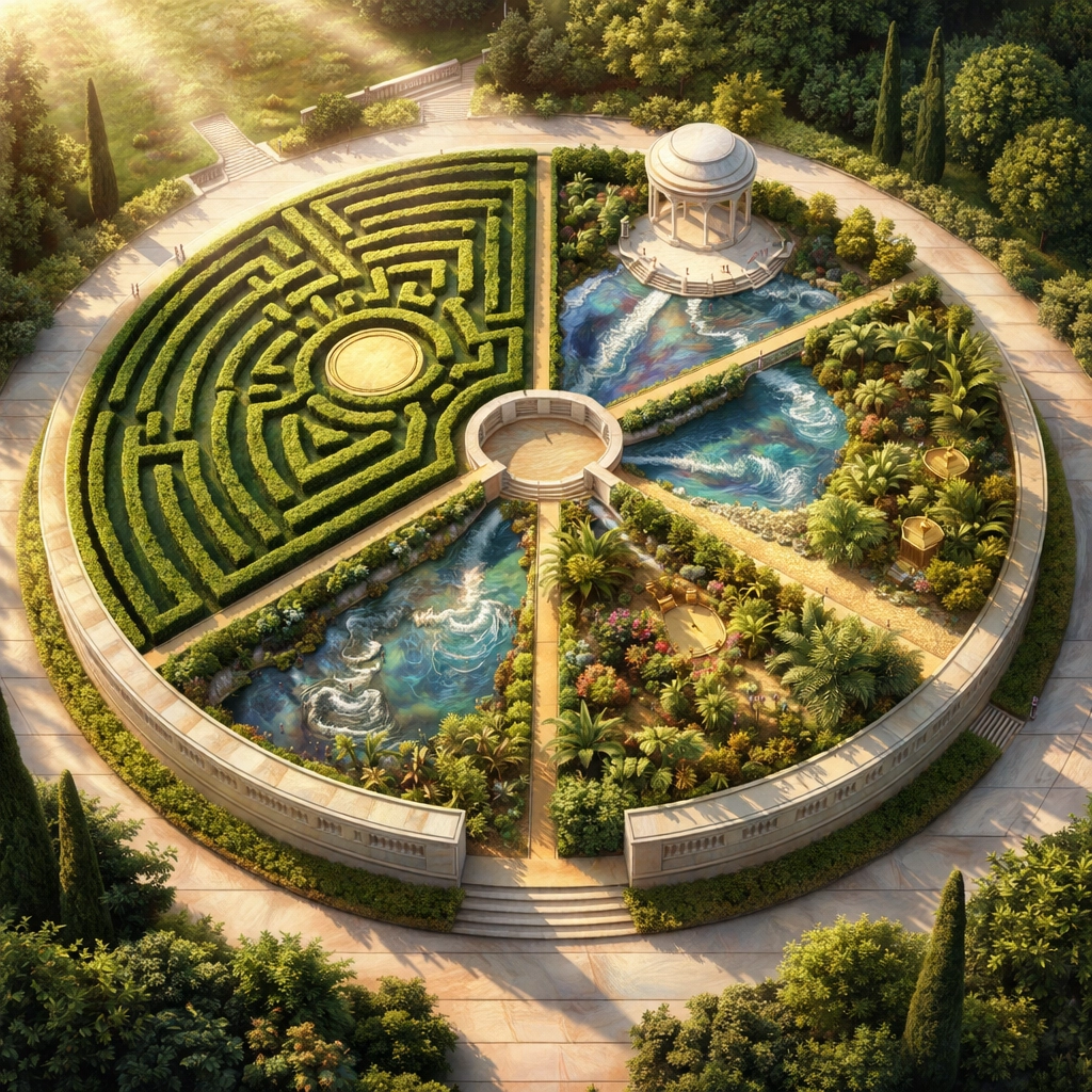Aerial view of a garden maze shaped like a pie chart symbolizing the balanced 40/30/30 investment model