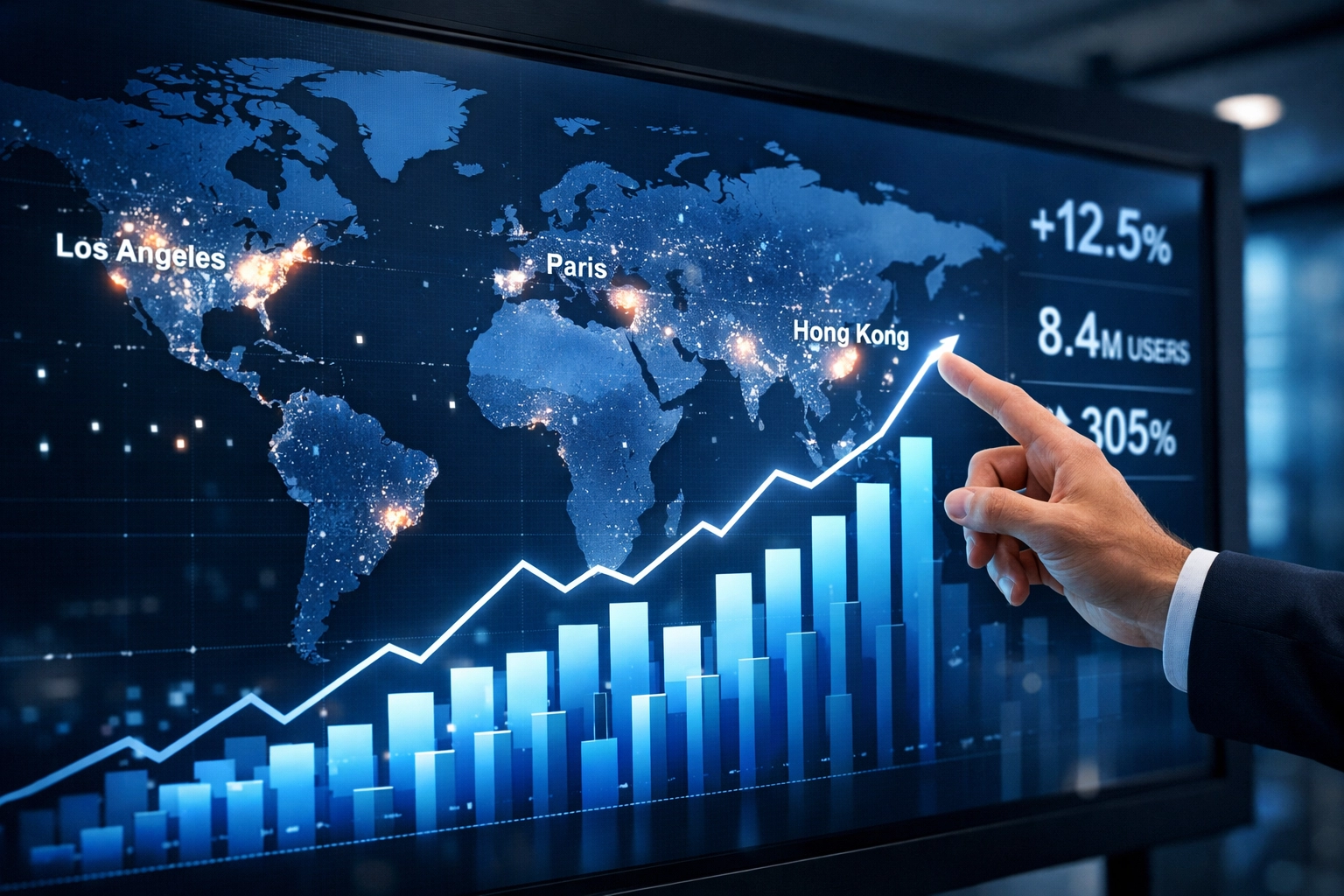 Marketing dashboard in Munich showing global DOOH campaign performance and data analytics.
