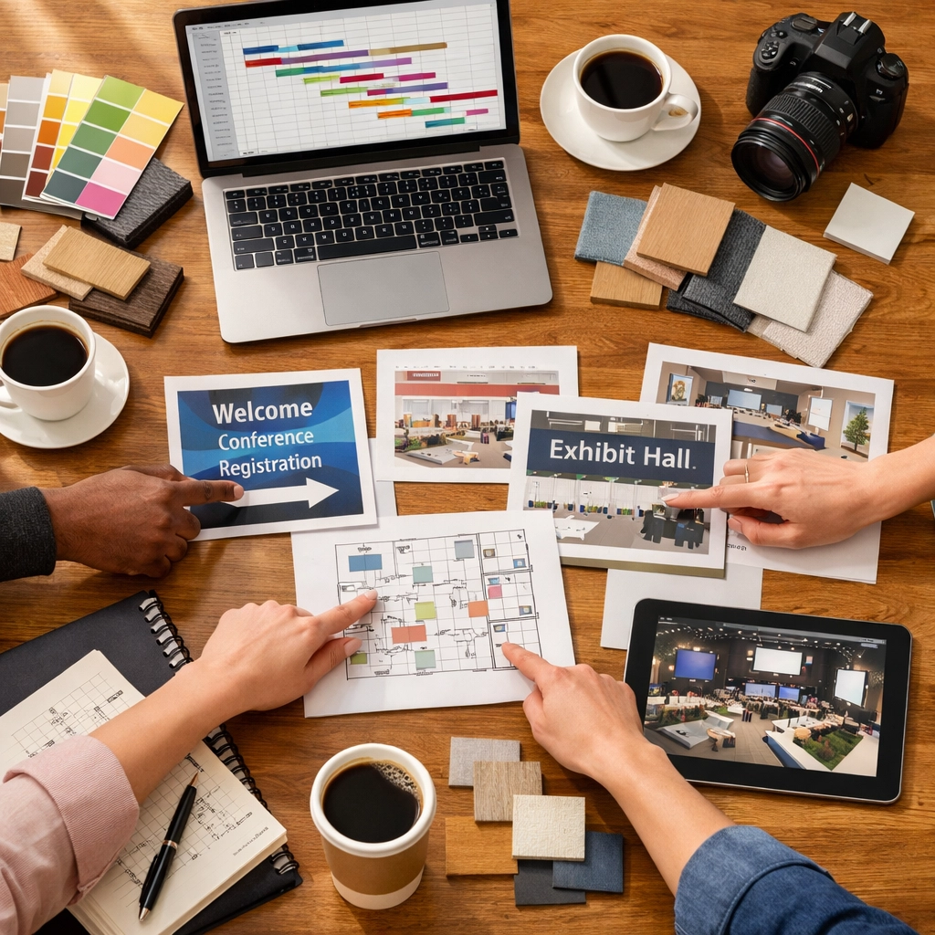 Event sponsorship activation planning session with creative team reviewing project timelines