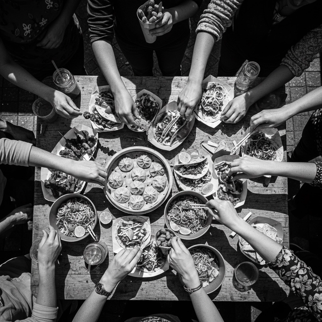 Grabbing food from a buffet table