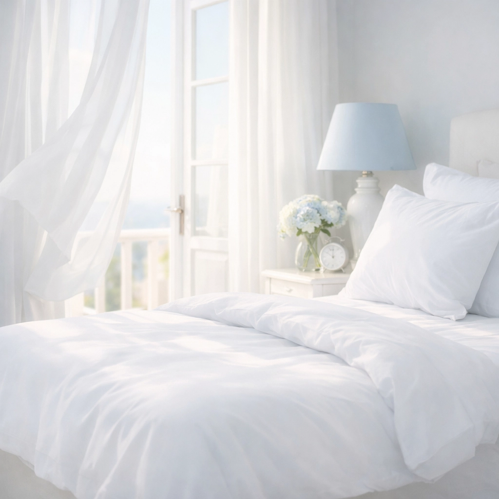 Fresh master bedroom with crisp white linens after a residential cleaning Massachusetts visit to a Dover estate.