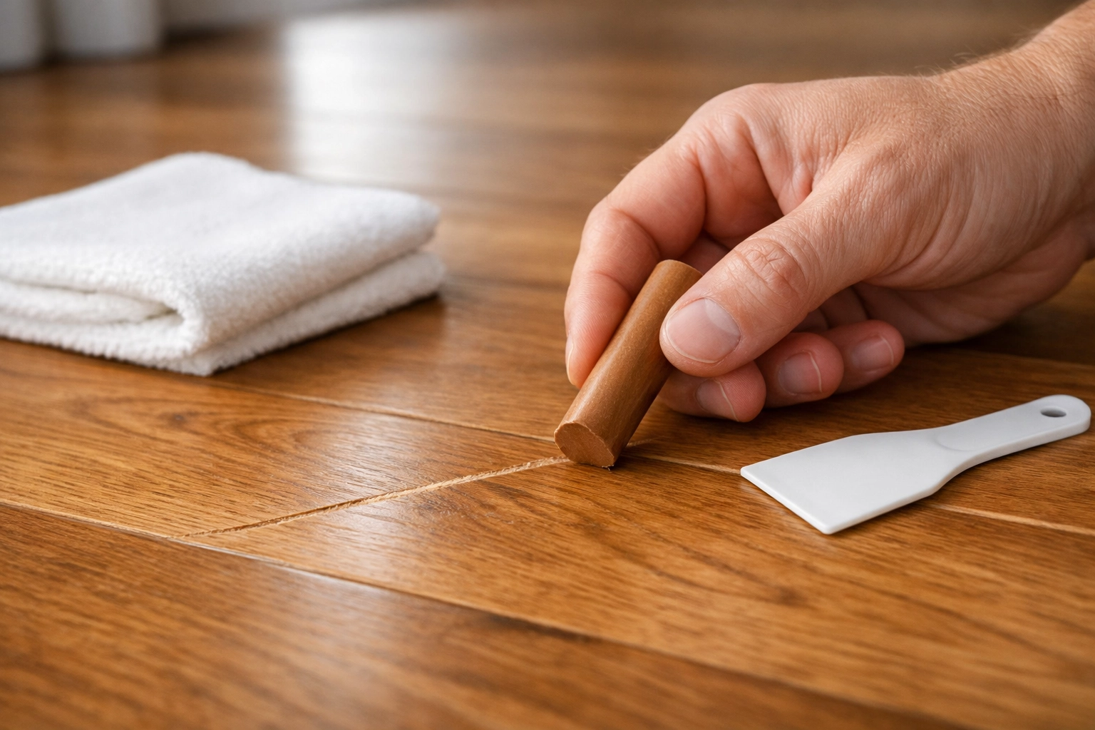 Using wax repair stick to fix scratch in engineered hardwood flooring