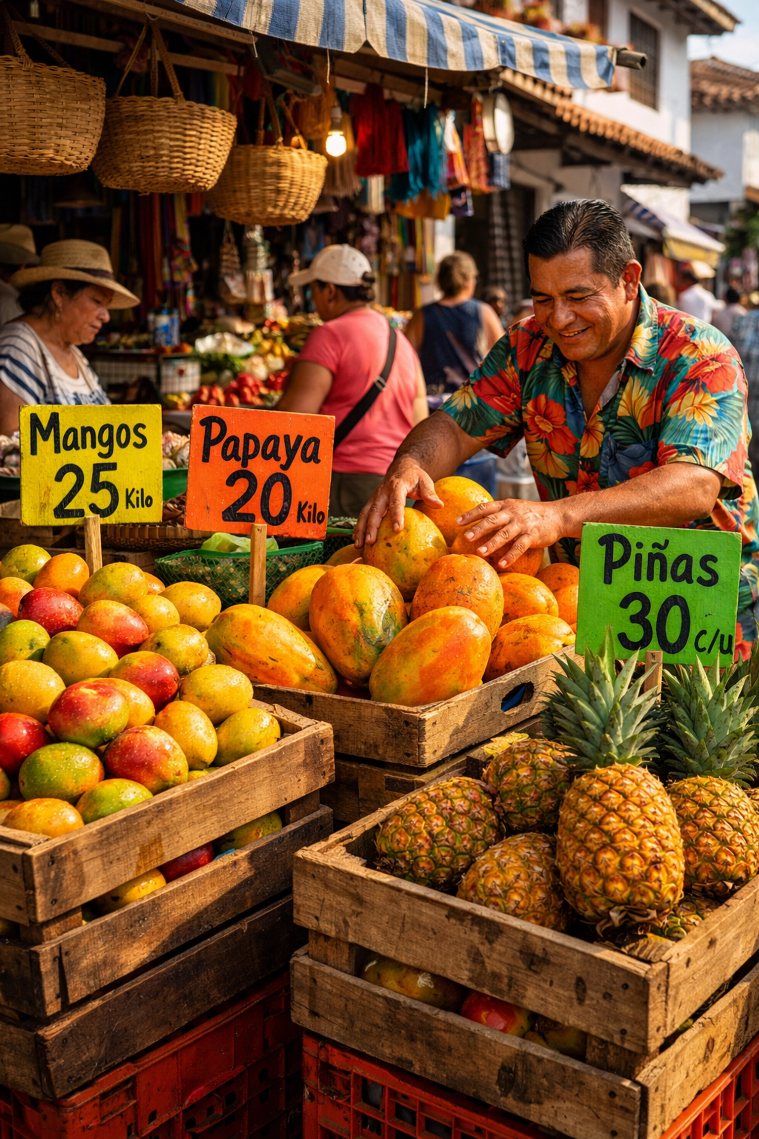 Local Puerto Vallarta morning market with fresh tropical fruit and vendors