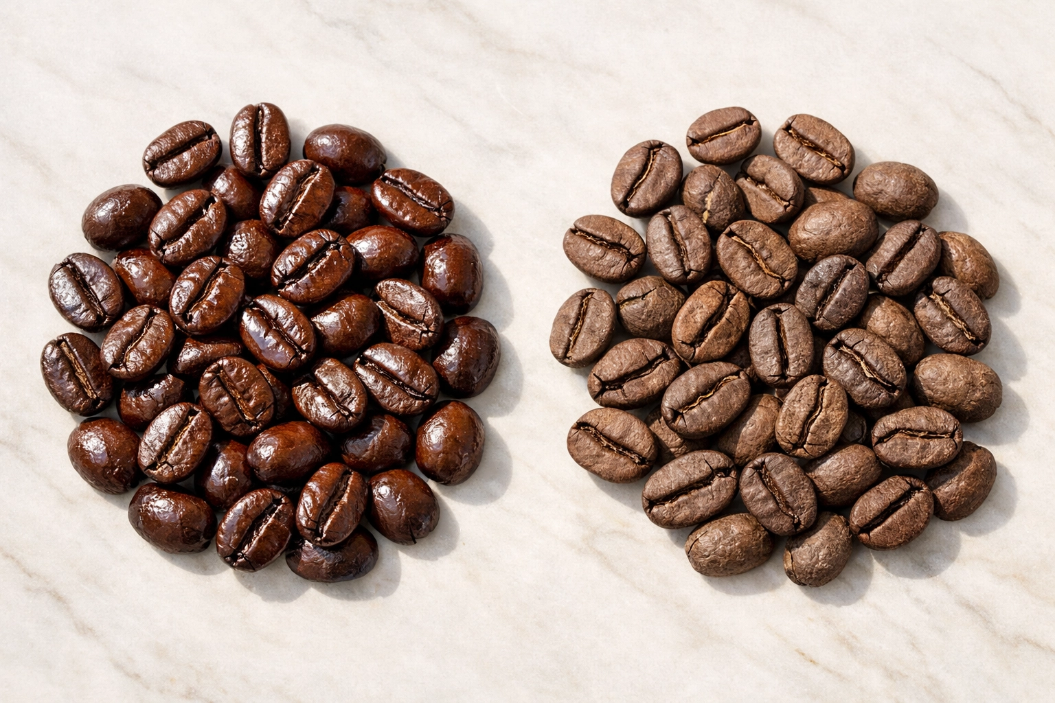 Comparison of fresh glossy coffee beans versus dull stale coffee beans
