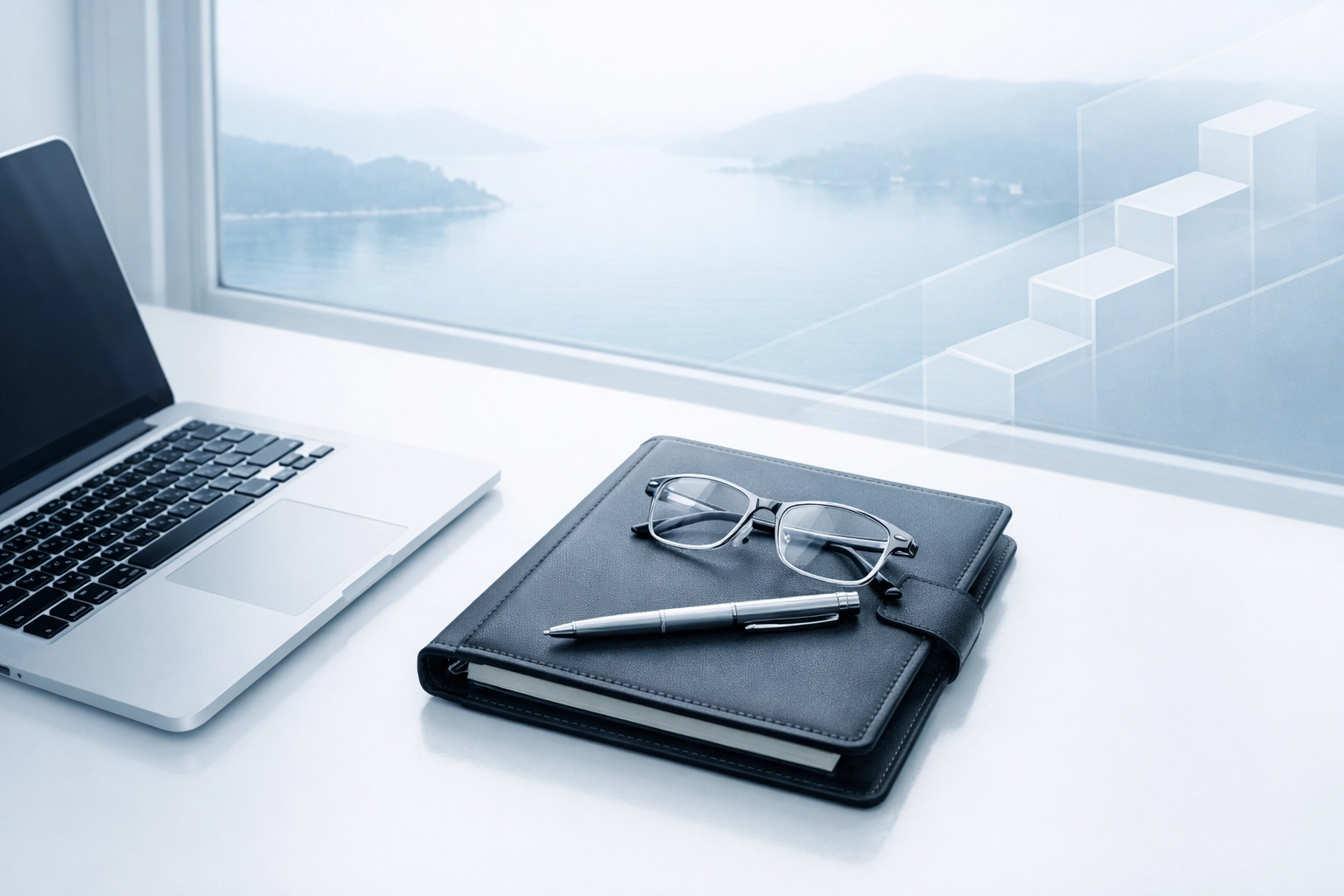 Legal planning tools and a laptop overlooking the coast for preparing a Hampton Roads custody case.