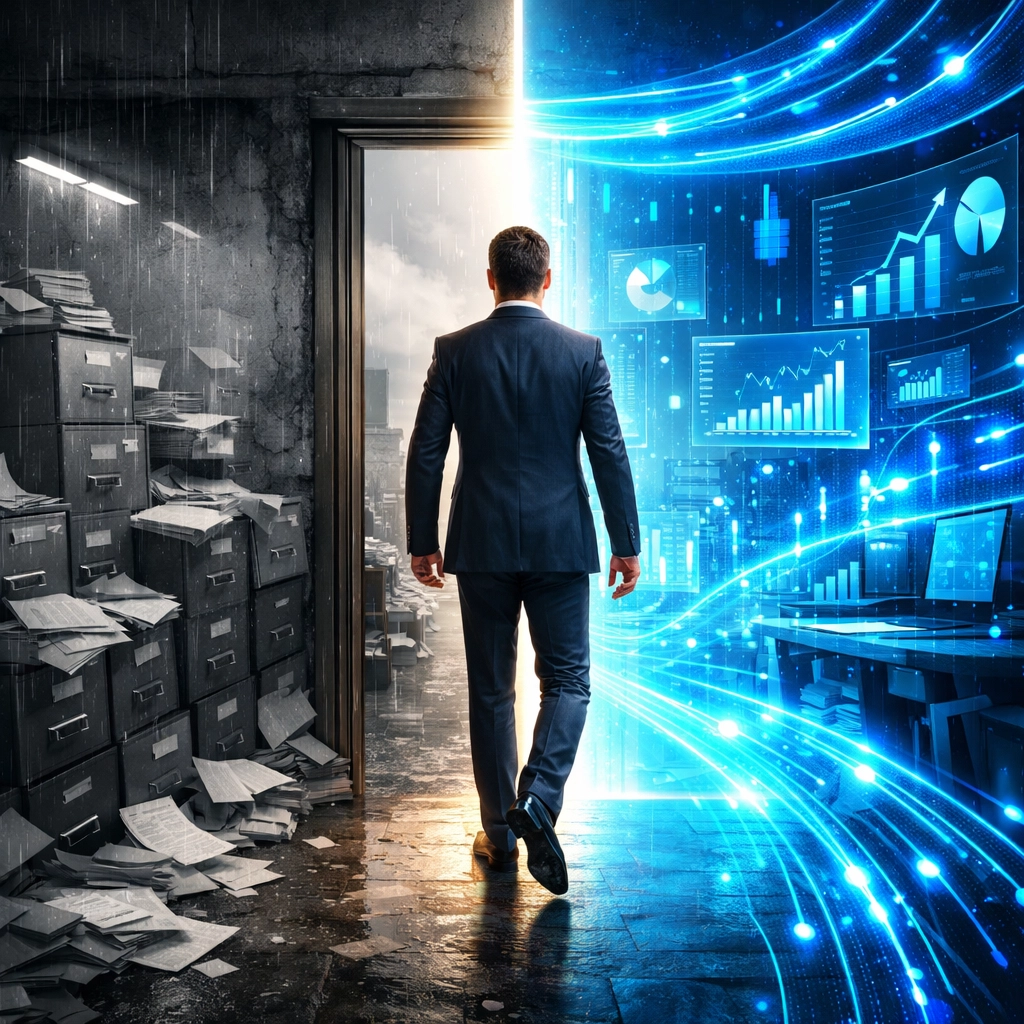 Ein Verkäufer wechselt von analogen Akten zum digitalen B2B-Vertrieb 4.0 mit KI-Datenströmen.