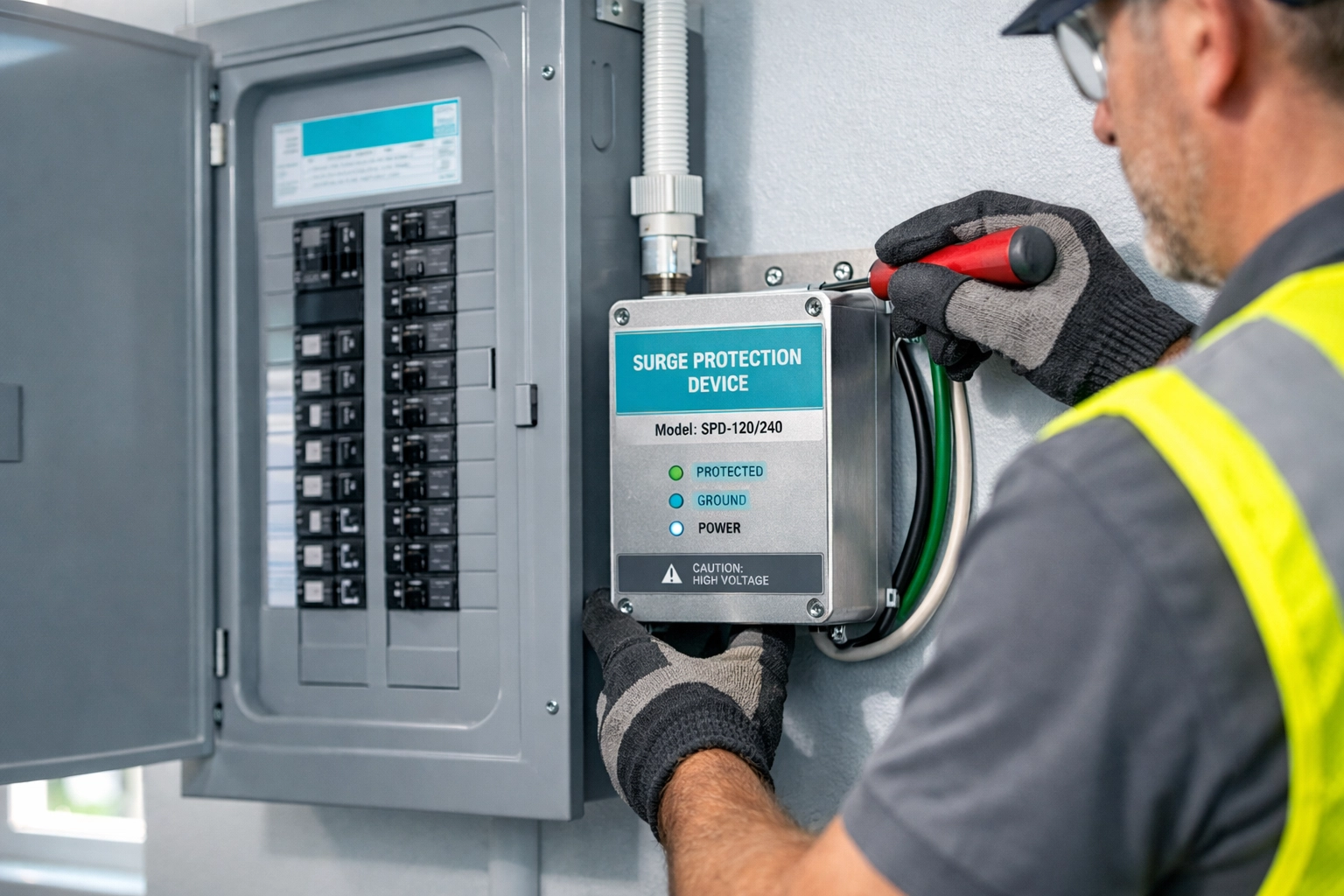 Electrician installing whole house surge protector in residential electrical panel