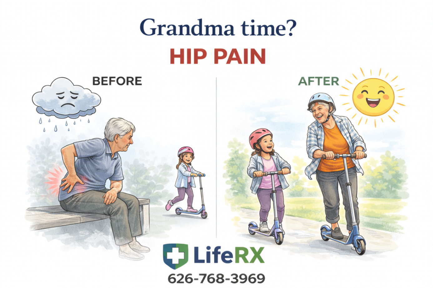 Visual comparison of 'before' and 'after' for hip pain