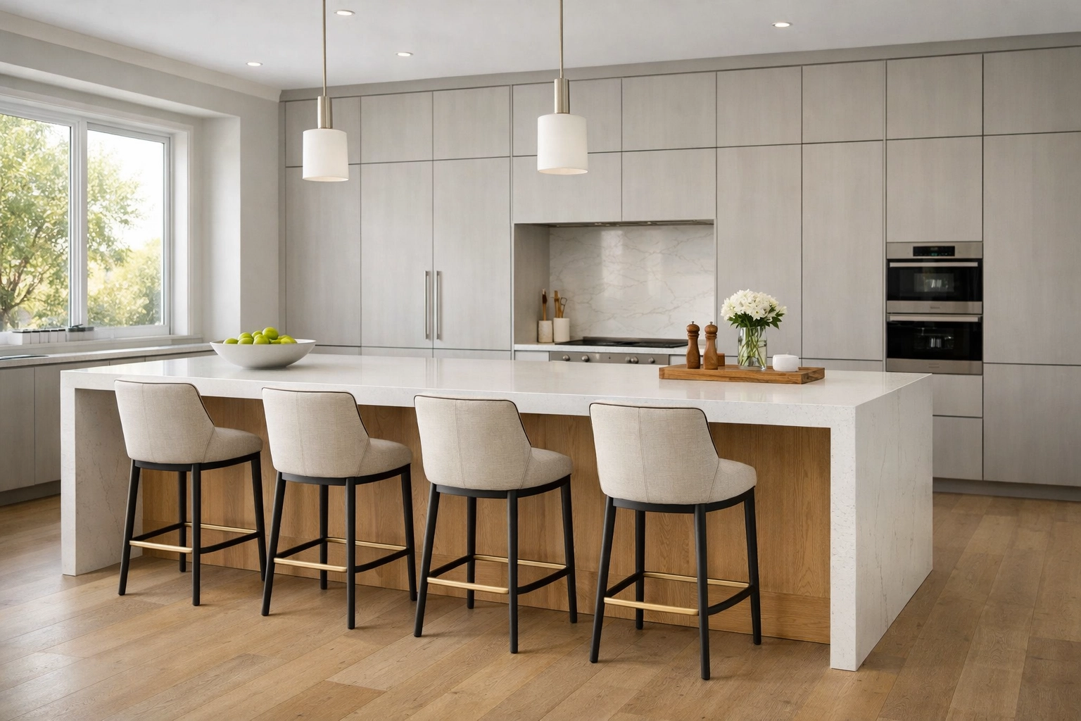 Modern kitchen remodeling Orlando featuring a white oak island and custom waterfall countertops.