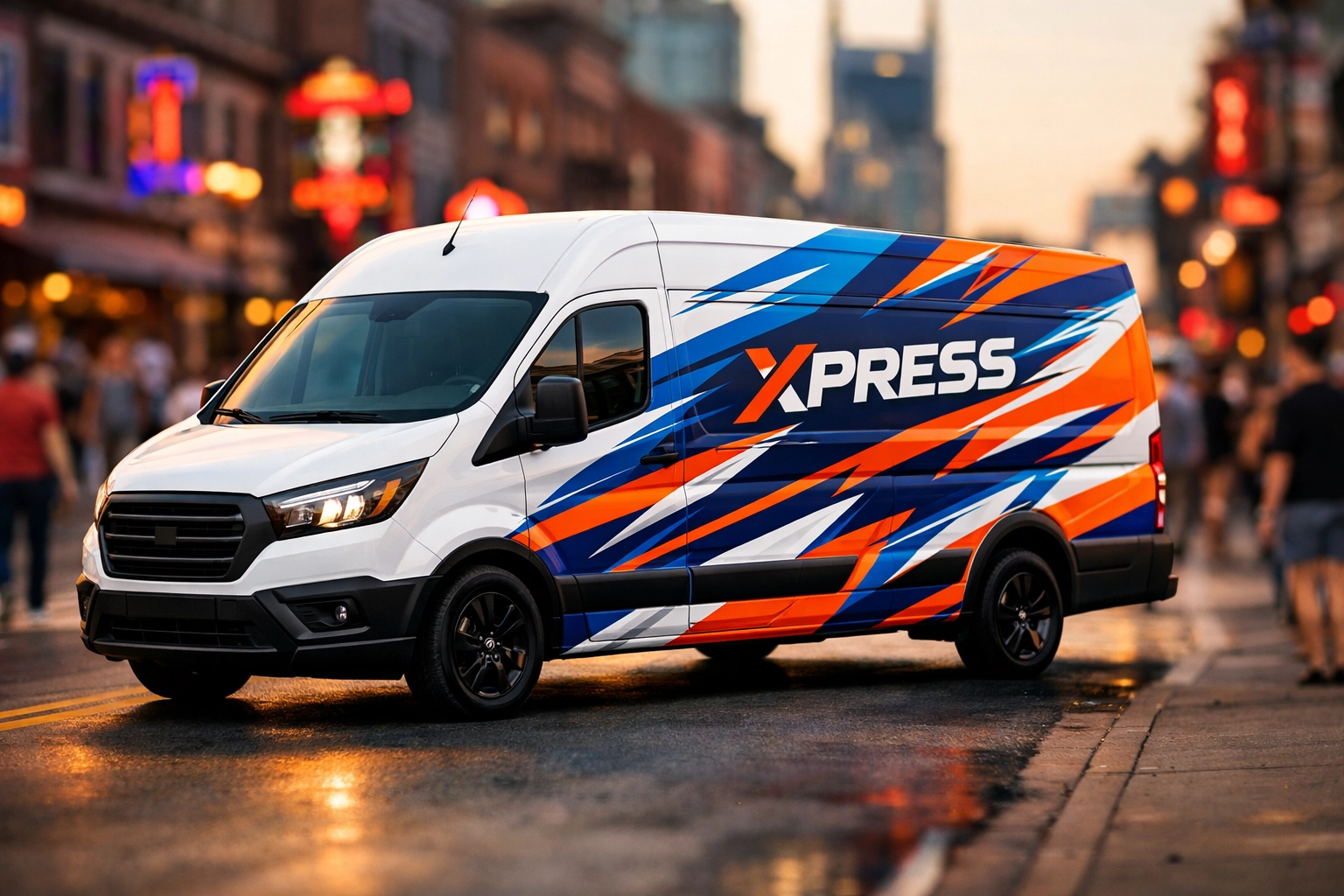 Delivery van with vibrant vehicle wrap parked on Nashville street showing mobile advertising power
