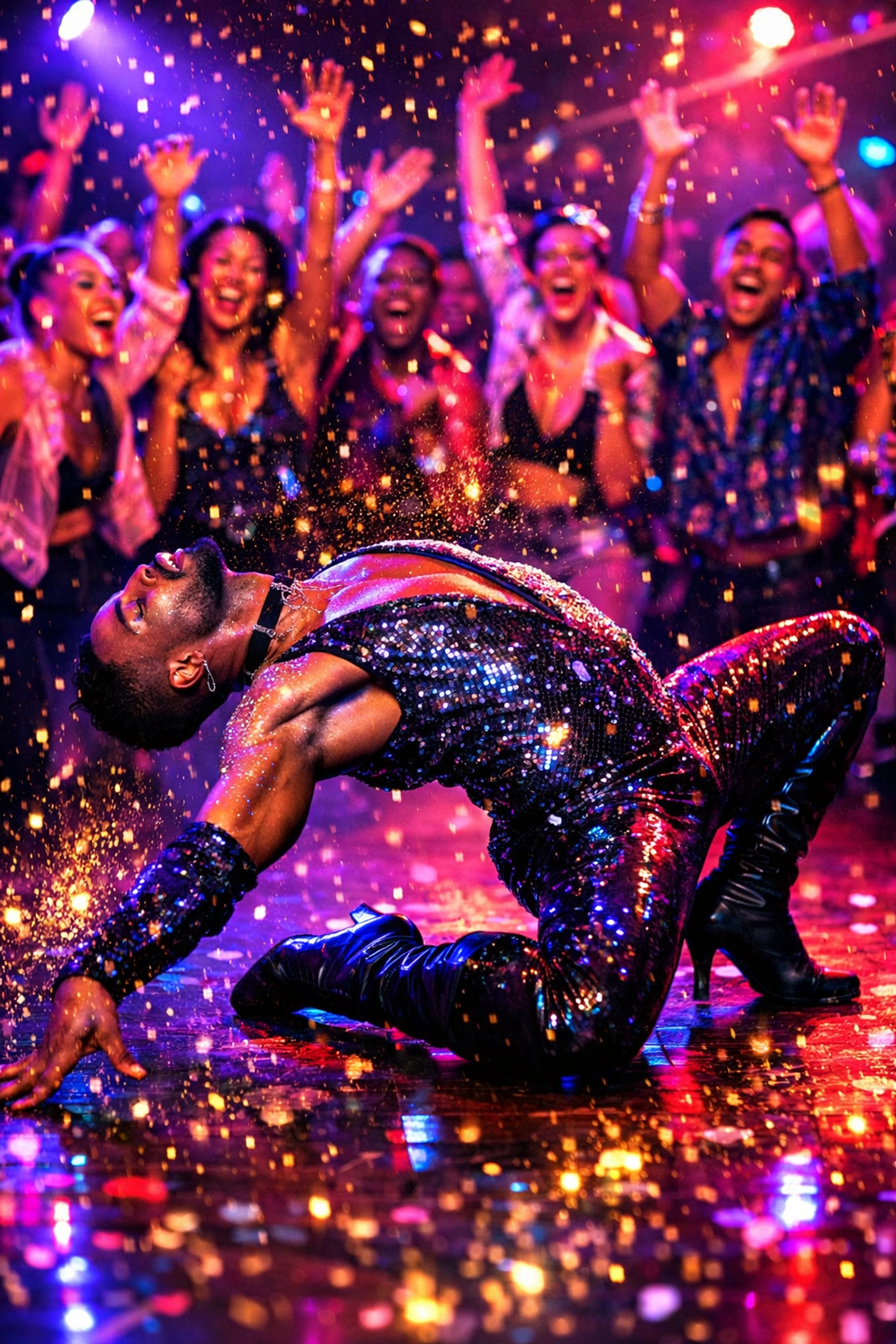 A Black gay man voguing in a neon-lit ballroom, celebrating LGBTQ+ culture and found family.
