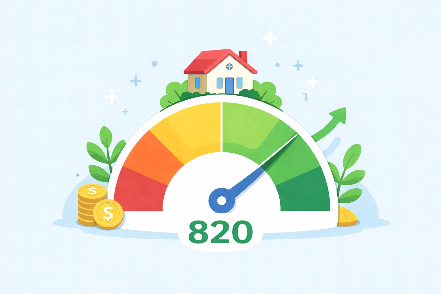 Medidor de puntaje de crédito alto con una casa, representando crédito óptimo para comprar casa