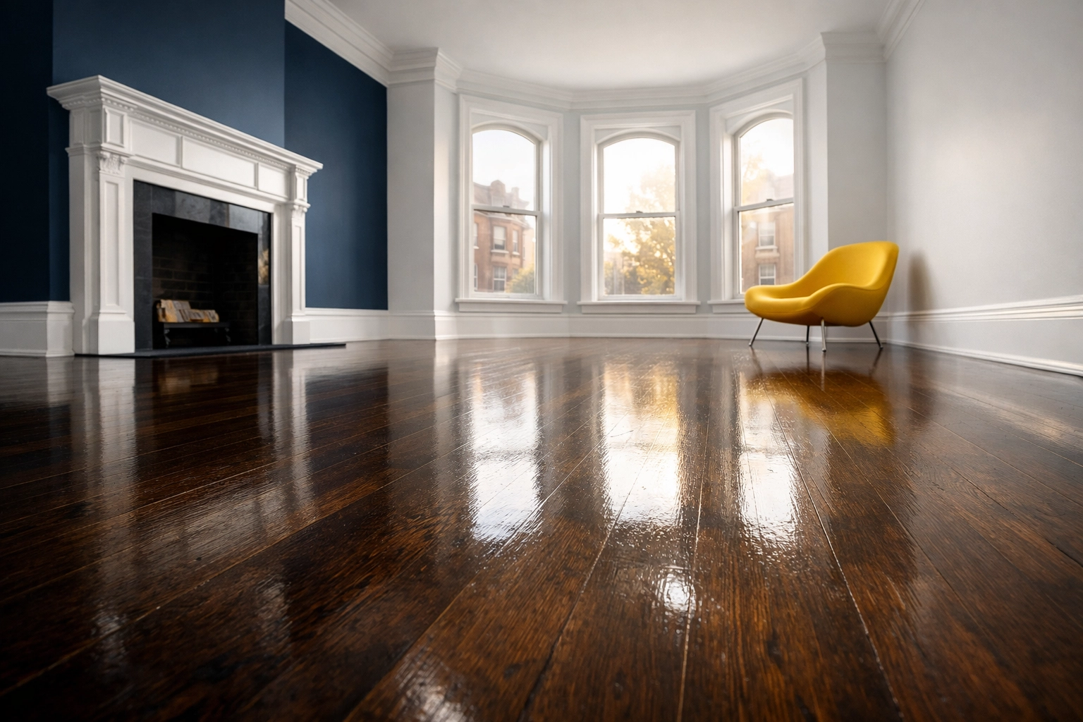 Spotless hardwood floors and white baseboards in a Boston brownstone after move-out cleaning.
