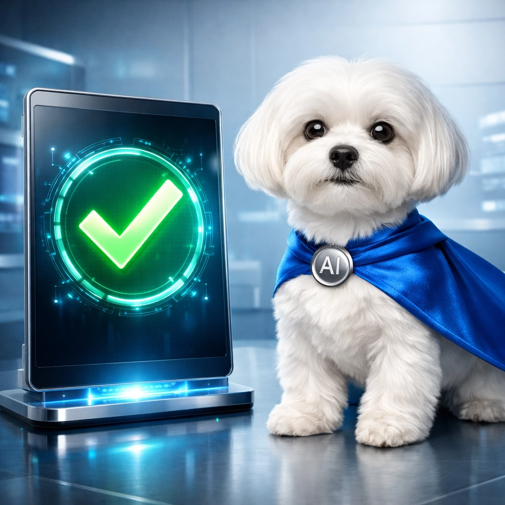 Daisy AI next to a tablet with a green checkmark confirming a successful designer bag authentication result.