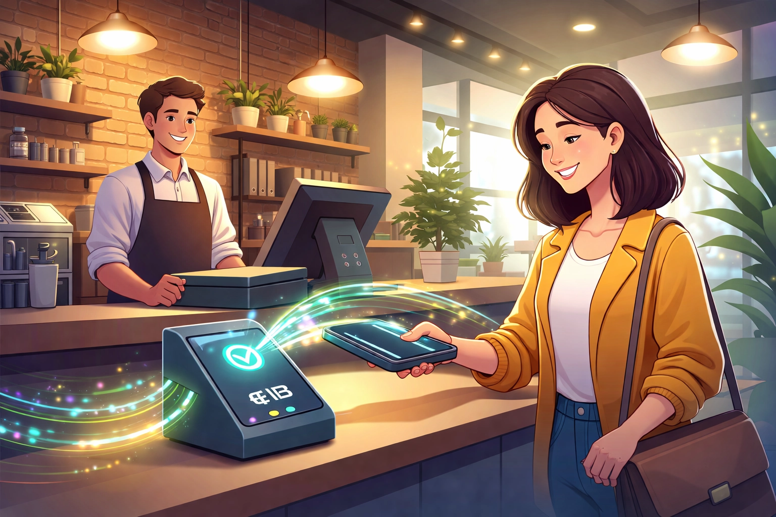 Customer easily pays with cryptocurrency on a digital terminal in a modern café, highlighting instant crypto POS transactions.
