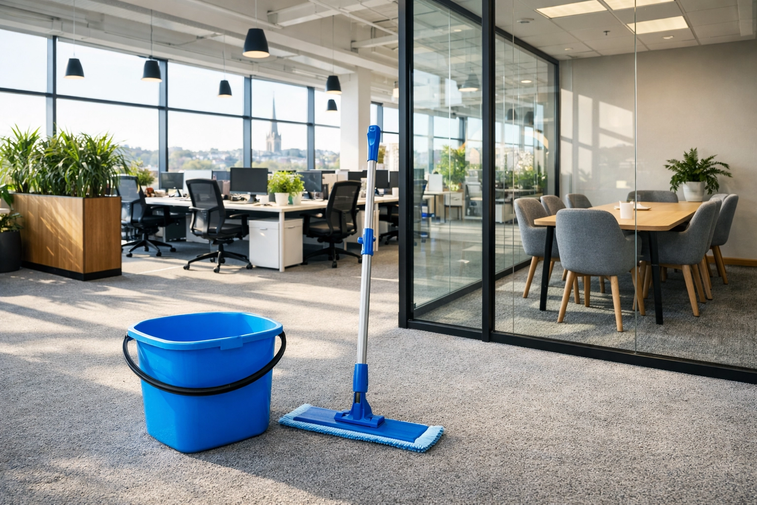 Blue colour-coded mop and bucket used for cleaning communal areas in a modern Norwich office.