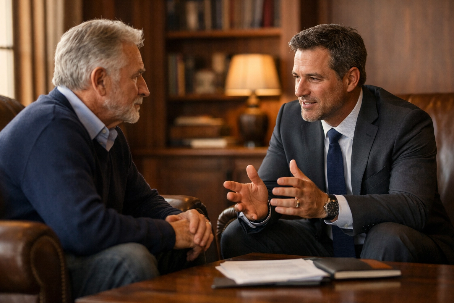 Business owner and advisor discussing succession planning and executive benefits for a seamless transition.