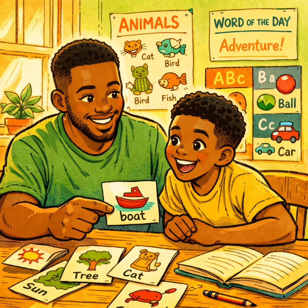 Father and son practicing vocabulary with flashcards during daily five-minute learning session