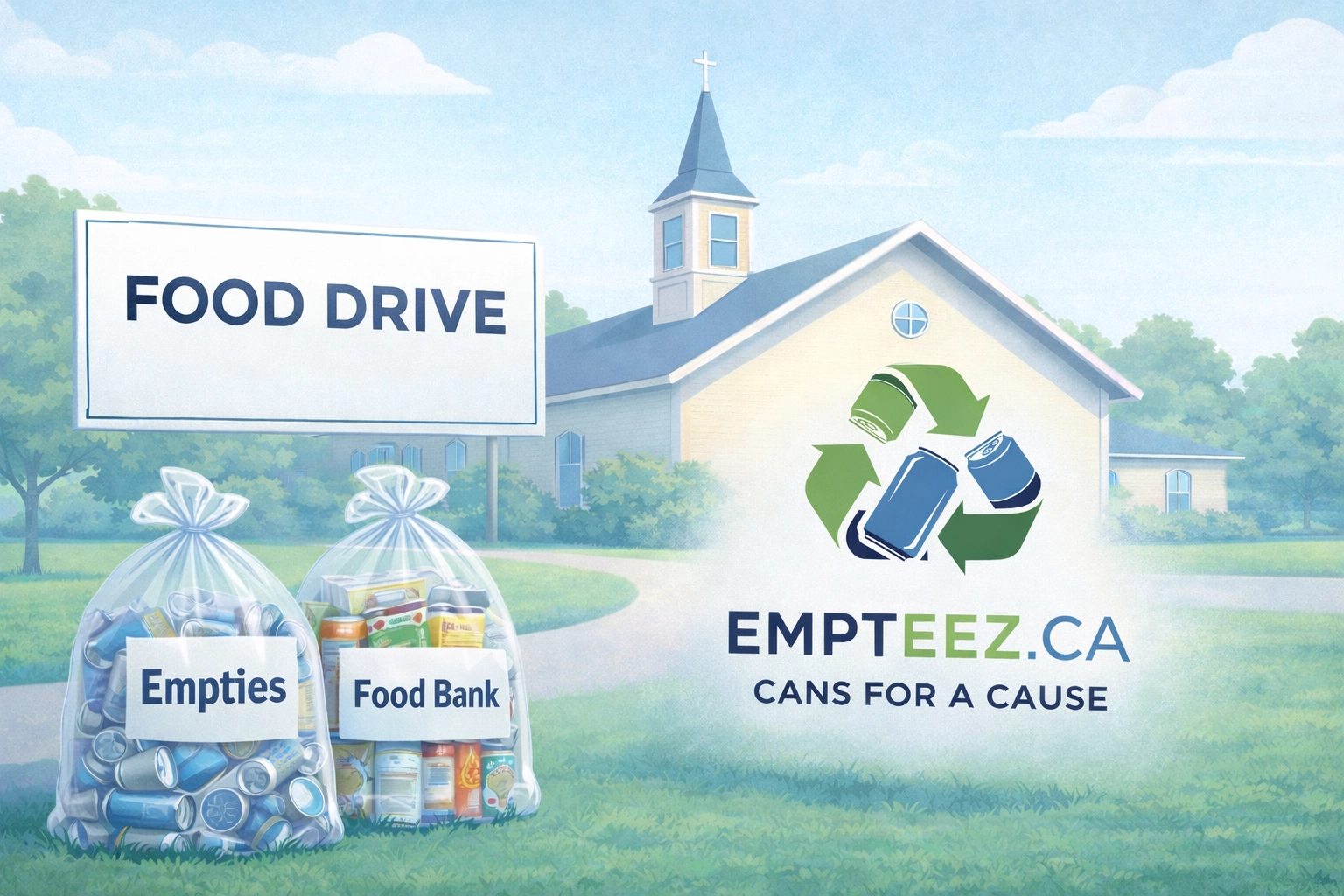 Community food drive at a local church or community center with Empteez.ca branding