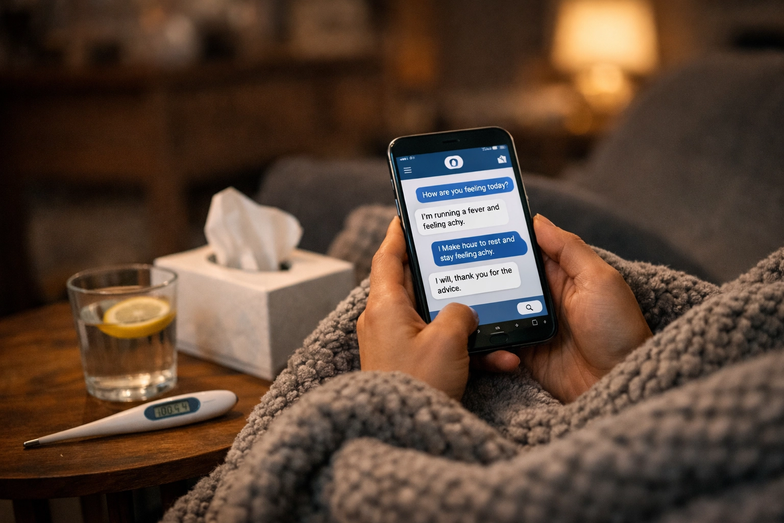 A person resting at home using secure text messaging for flu relief and $39.99 online urgent care.