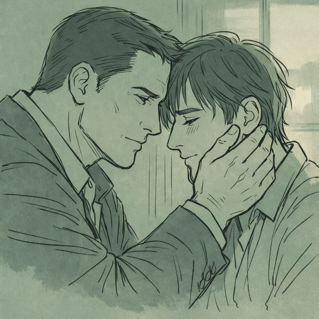Tender moment between bodyguard and witness showing possessive love in gay romance novel