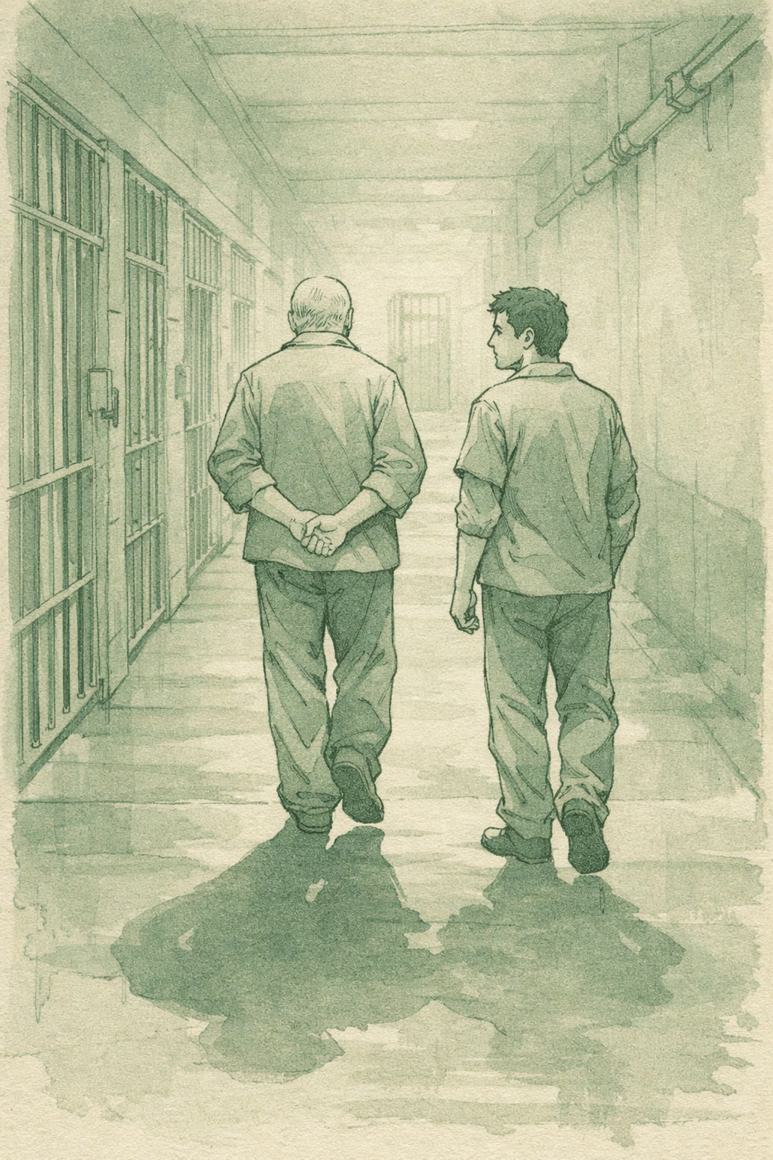 Mentor guides young man through prison corridor - gay fiction about transformation