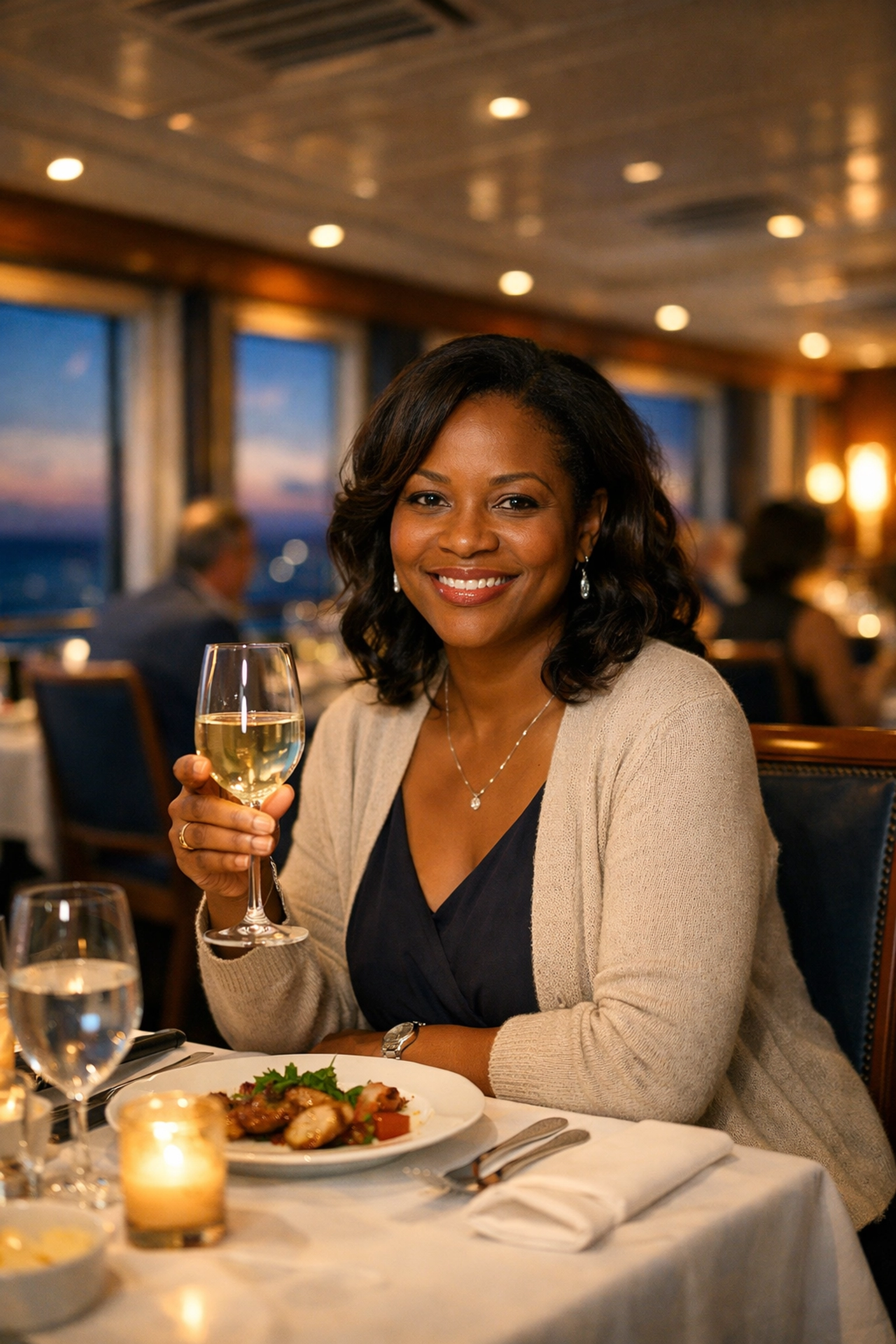 Woman wearing cardigan at cruise ship dinner to stay comfortable in air conditioning