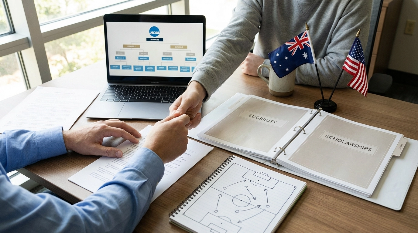 Australian family reviewing NCAA divisions and scholarship rules with advisor on US college campus
