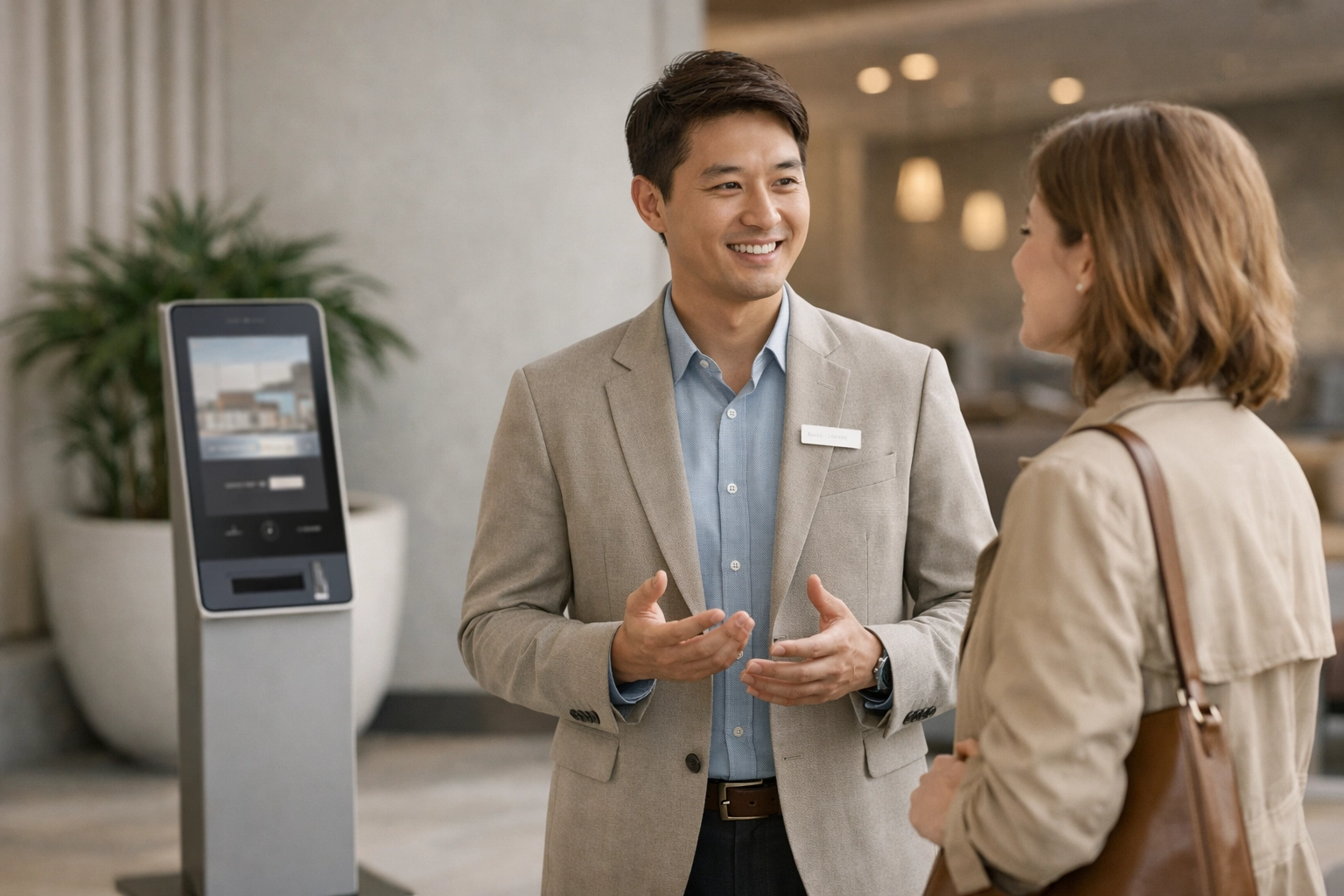 A hotel lobby ambassador engaging with a guest near a streamlined self-check-in kiosk station.