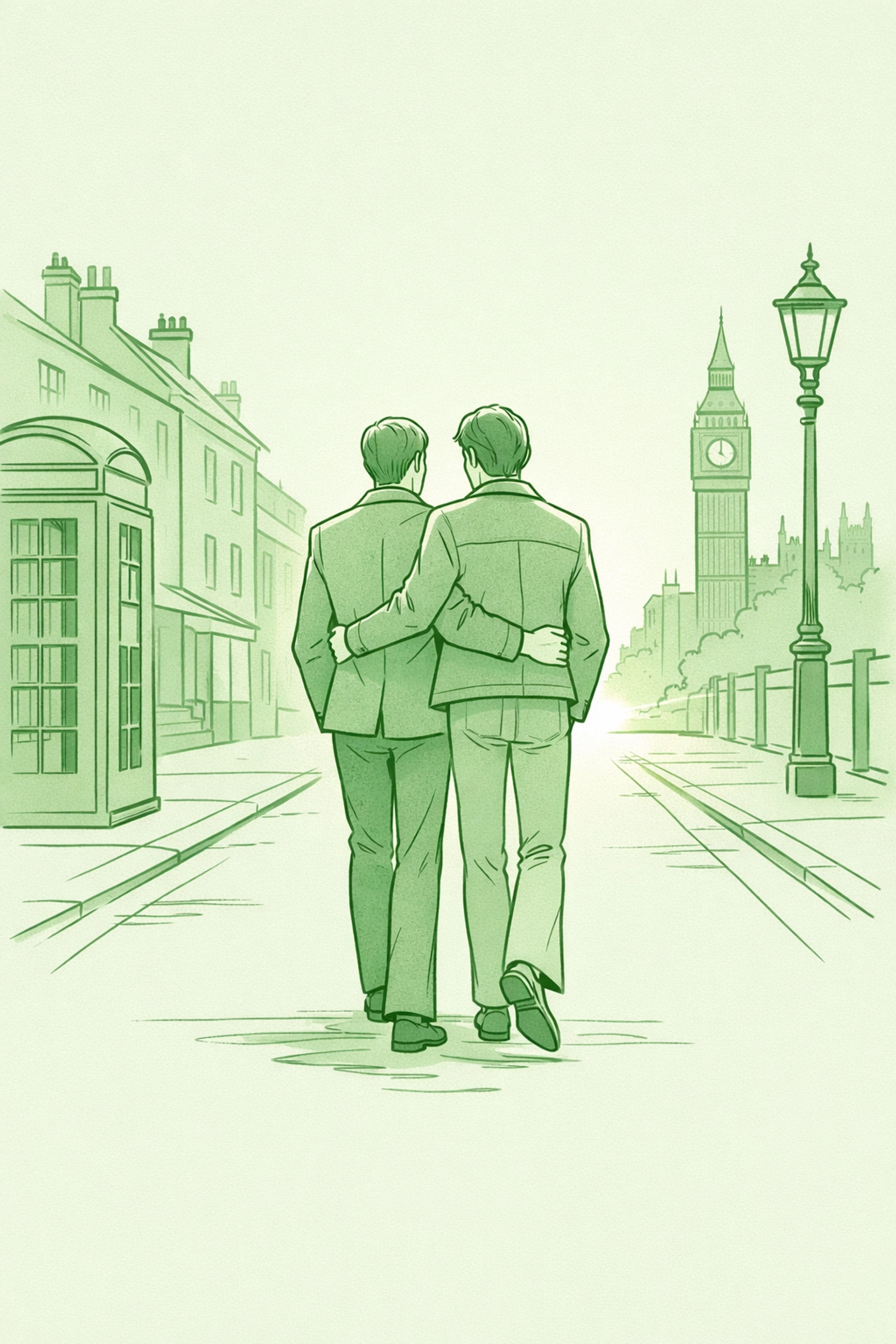 Minimalist art of a male couple walking together in London, a scene from a gay contemporary romance.