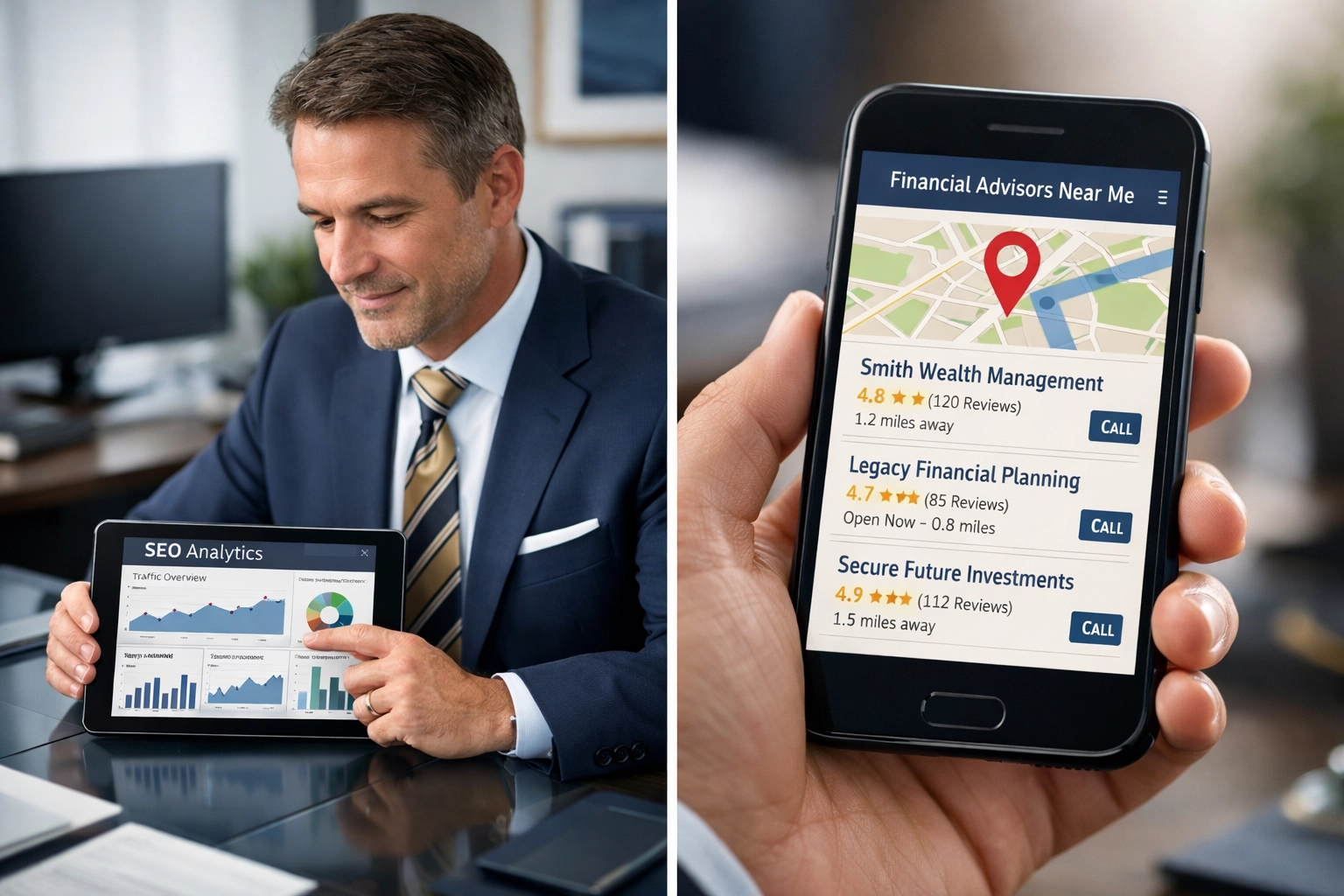 Conseiller financier utilisant analytics SEO et recherche locale sur mobile