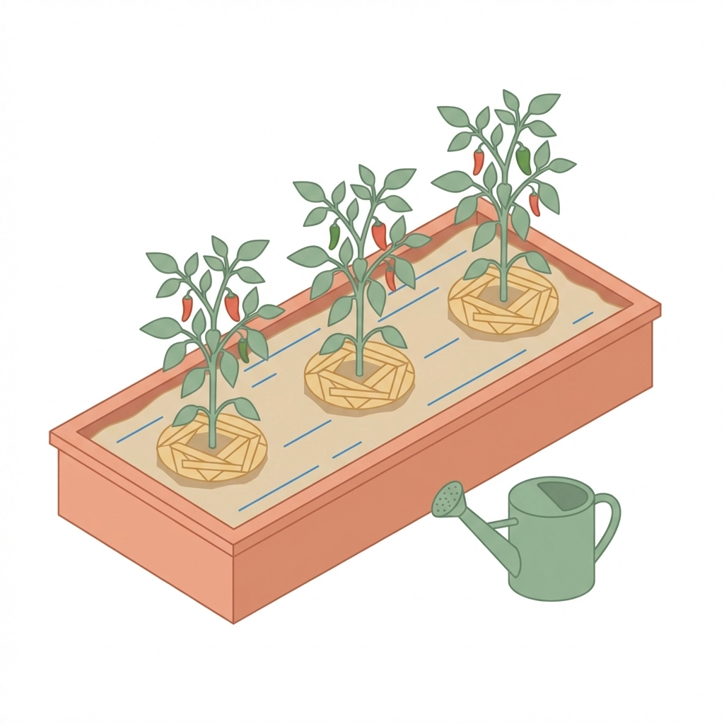 Raised garden bed with pepper plants, mulch, and drip irrigation showing correct soil moisture for healthy peppers