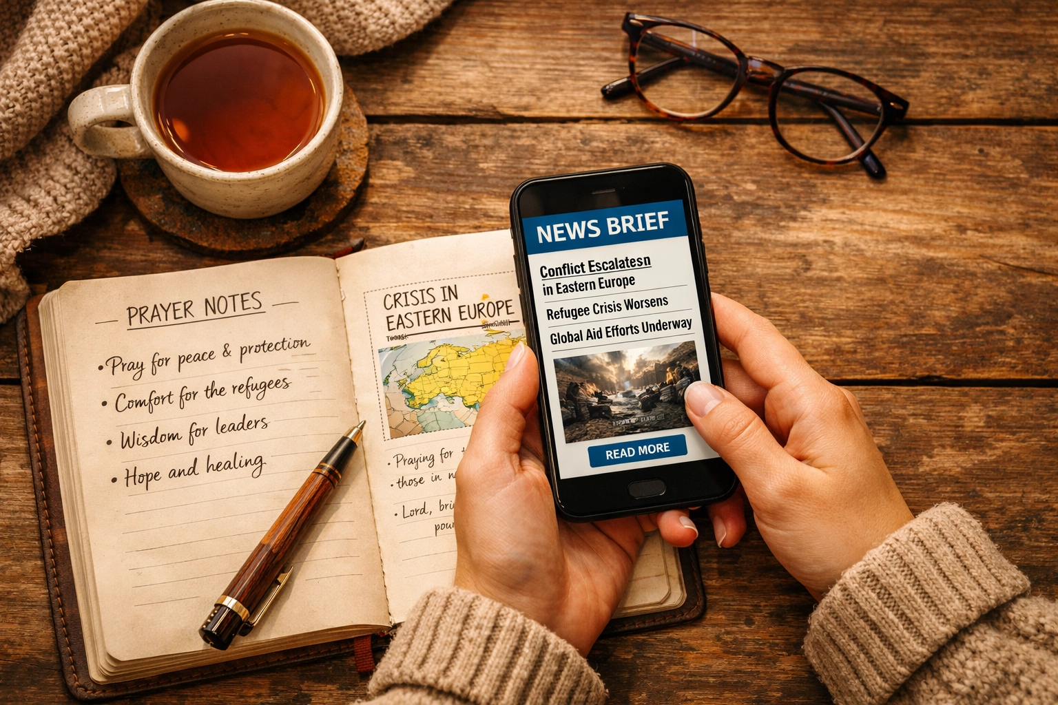 Hands holding phone with news brief and journal showing prayer notes