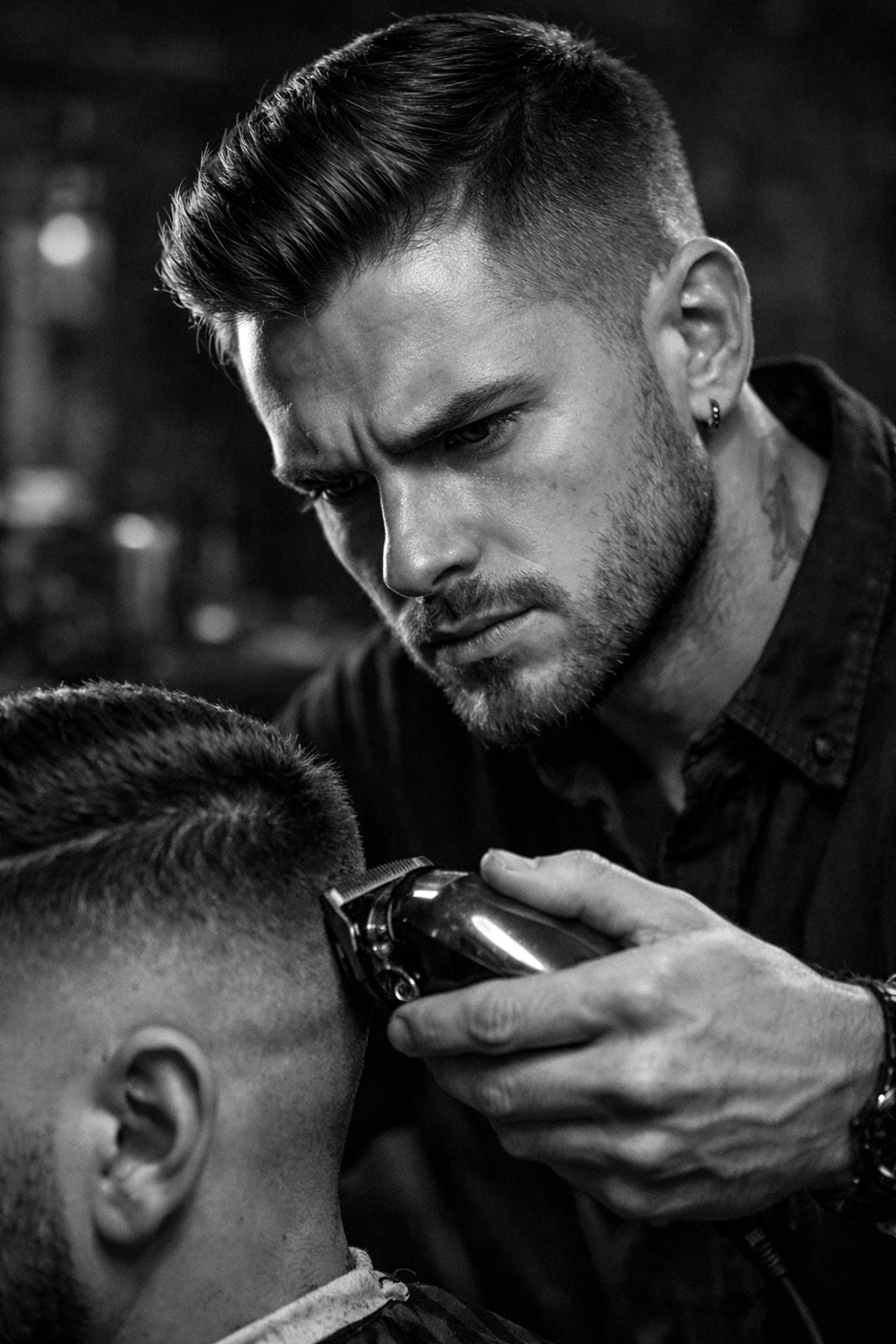 Close-up of a skilled barber performing a precision fade, highlighting technical proficiency.