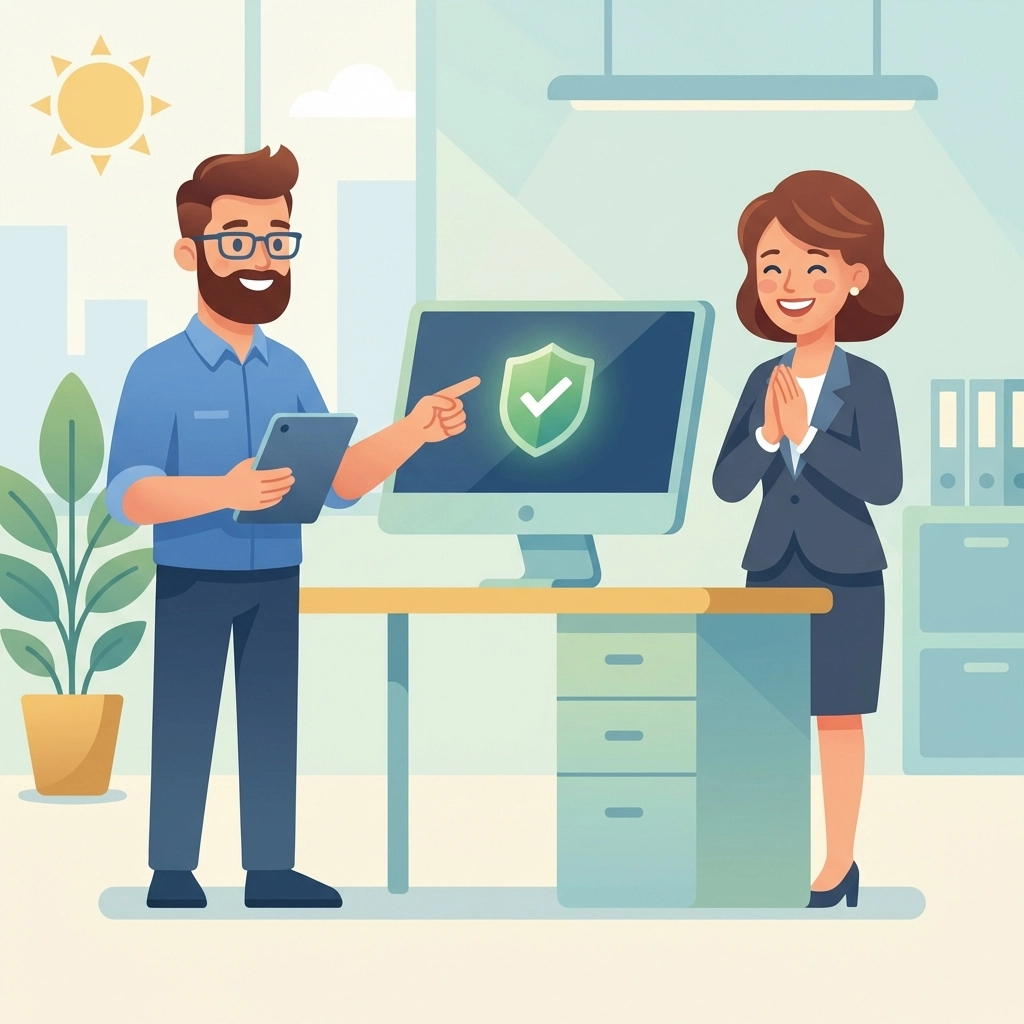 IT technician assisting a Venice business owner with computer recovery, highlighting expert disaster recovery services and successful data restoration.