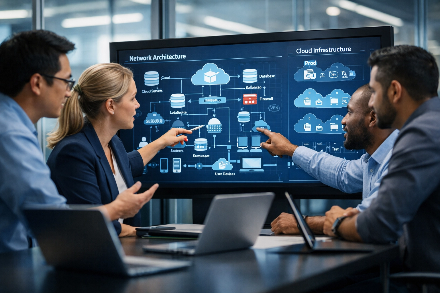 Solution engineers collaborating on network architecture and cloud infrastructure design