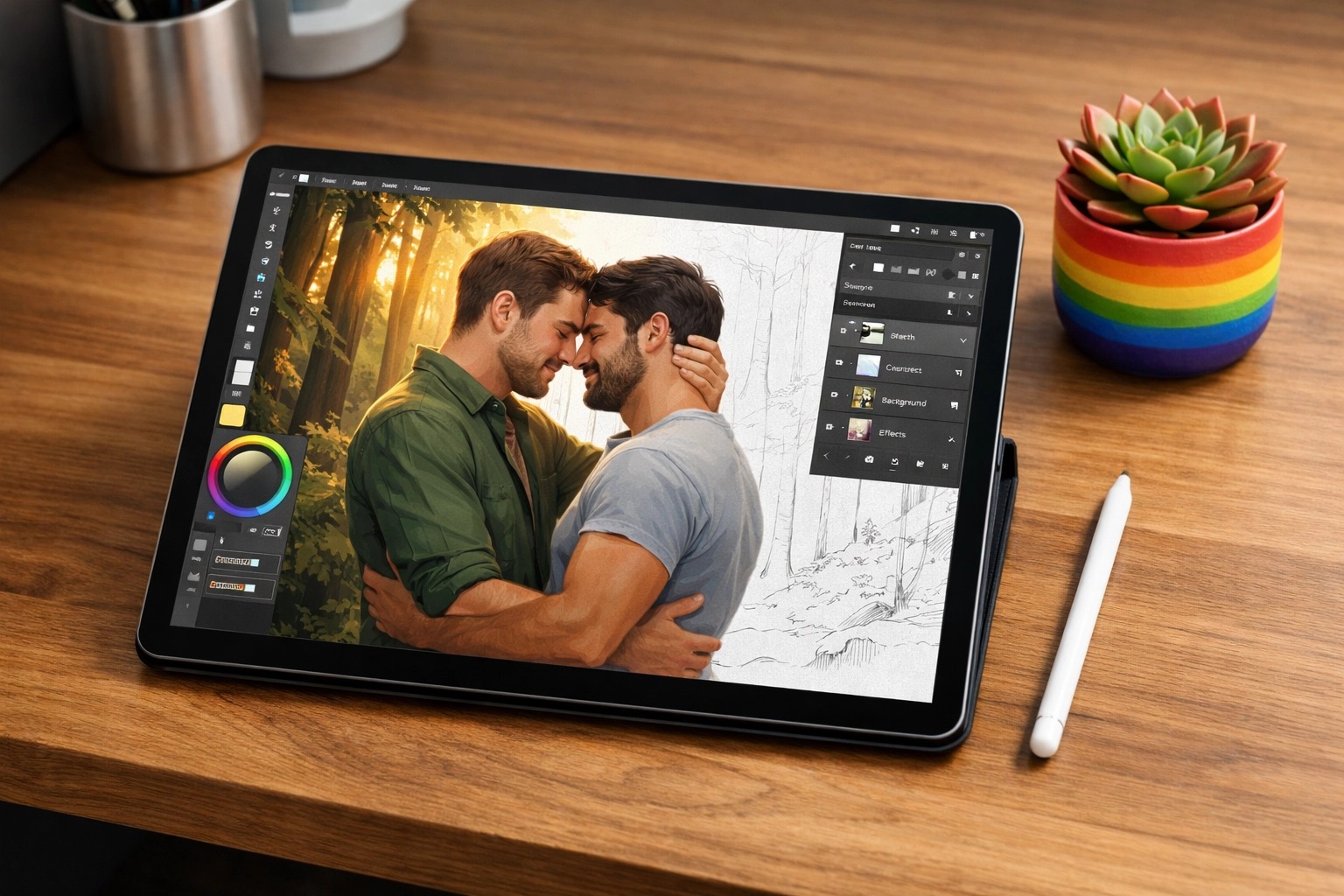 A professional MM romance book cover being designed on a digital tablet at a desk.