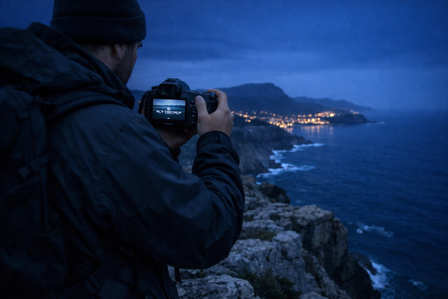 Photographer reviewing exposure settings on a camera screen to master manual mode.