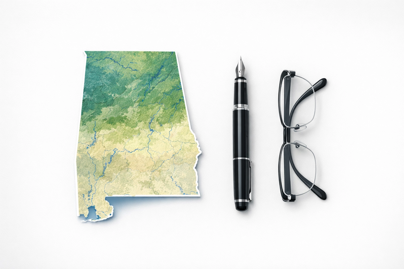 Map of Alabama with professional desk accessories illustrating strategic franchise exit planning.