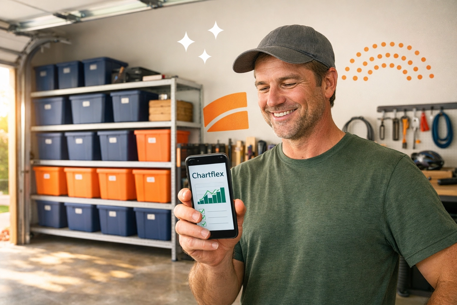 A homeowner in Burlington using the Chartrflex app to manage rentals in a clean, organized garage.