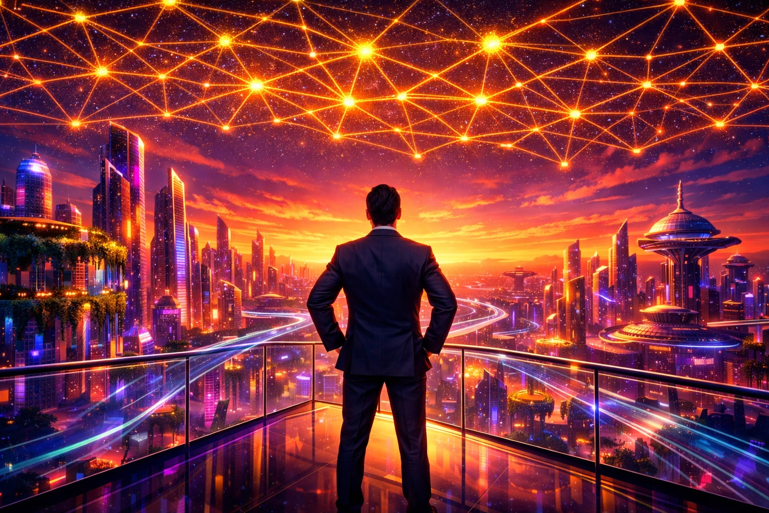 Merchant overlooking a futuristic city representing global Web3 payment freedom and Larecoin self-custody.