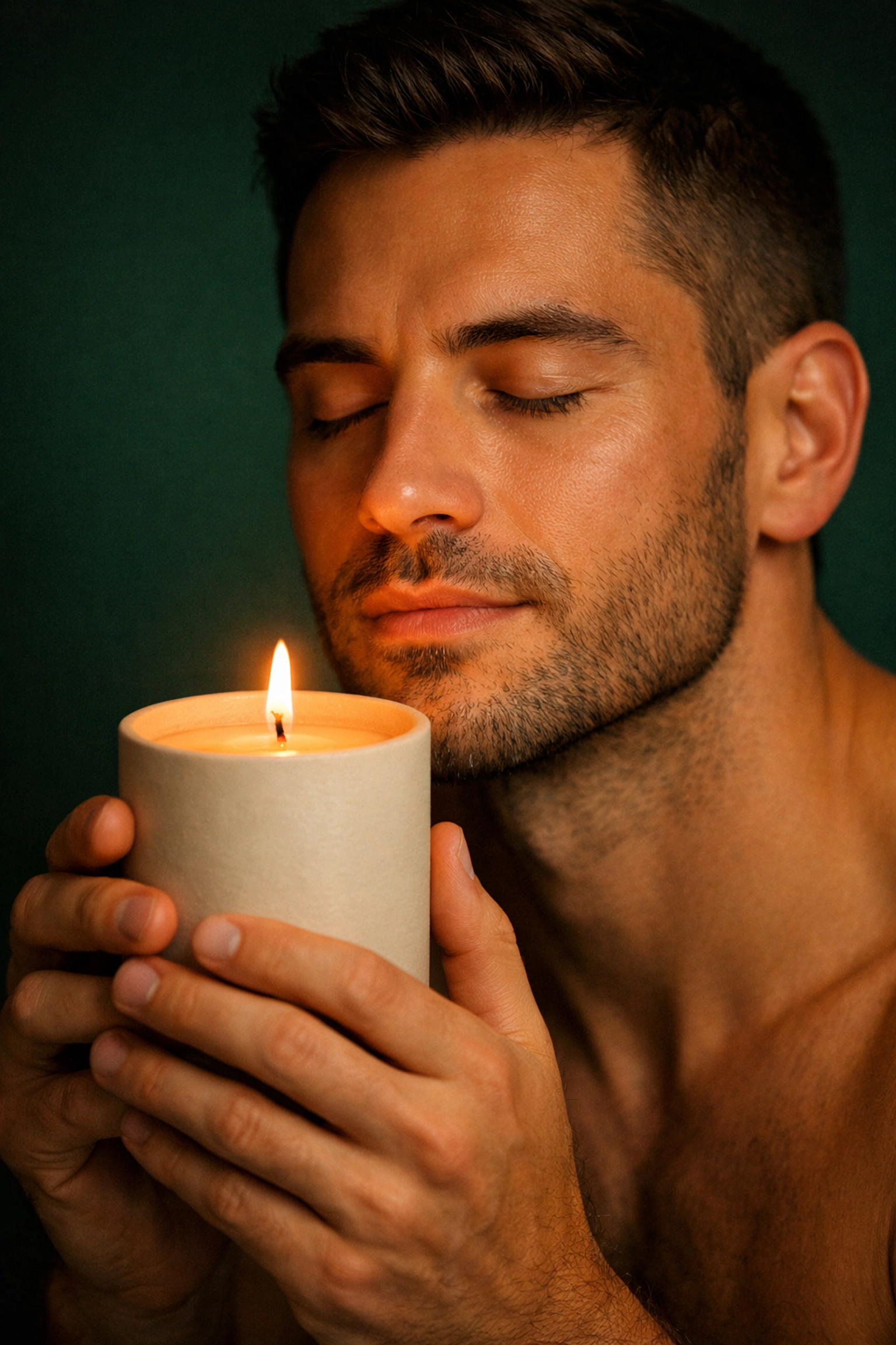 A calm gay man practicing a scent-based grounding ritual with a candle for emotional healing and queer joy.