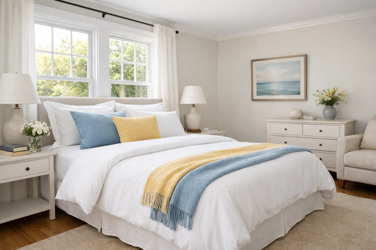 A bright, high-end bedroom with crisp white linens and subtle blue and yellow accents.