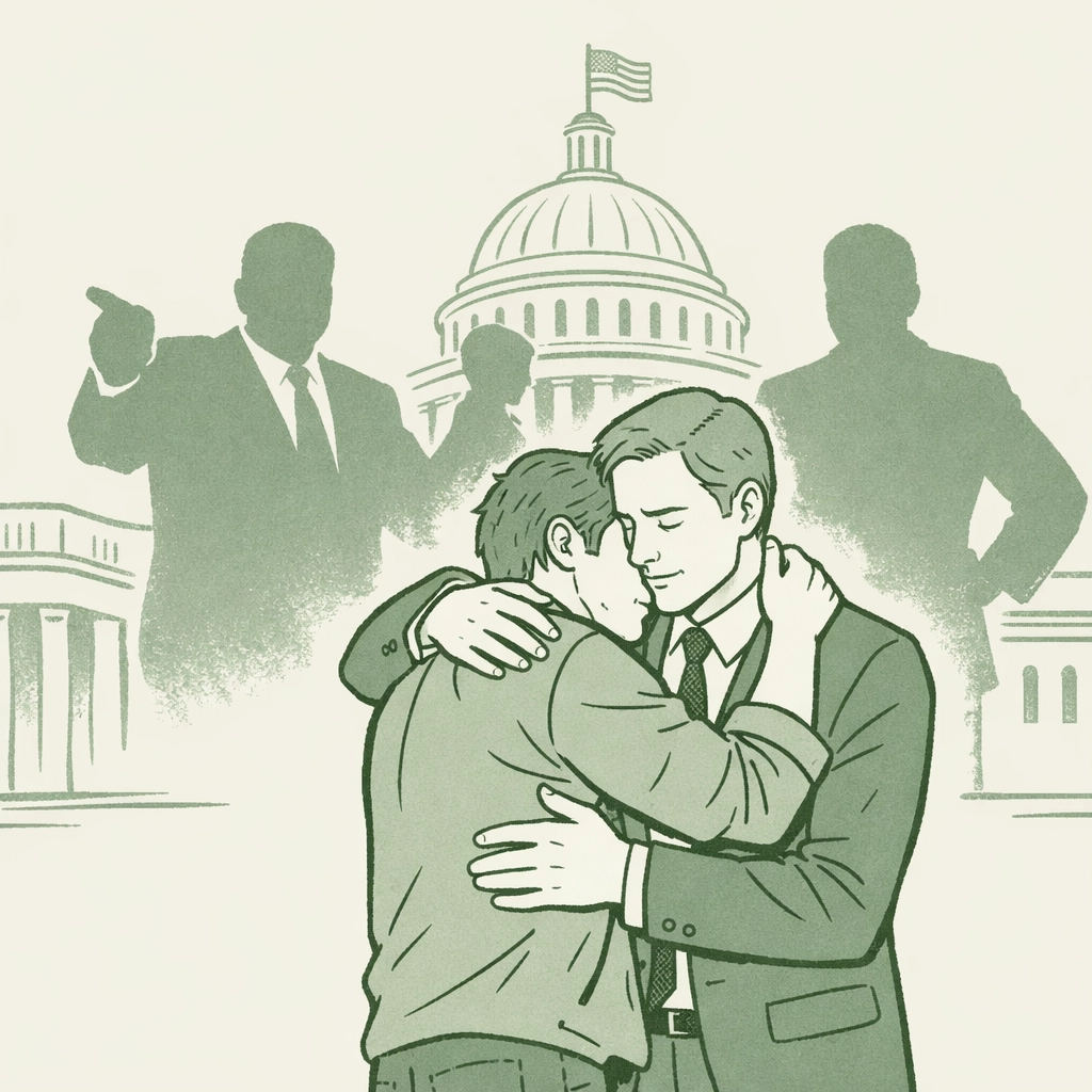 Gay romance couple embracing with threatening political figures looming - LGBTQ+ fiction exploring forbidden desire