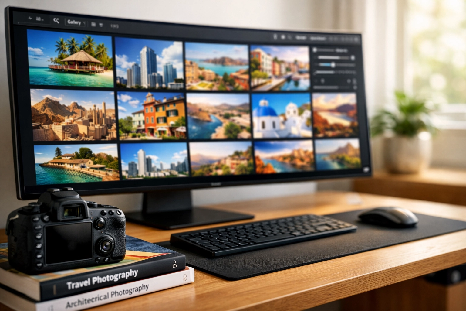 Professional workspace showing a photography portfolio and booking platform for finding creative work.