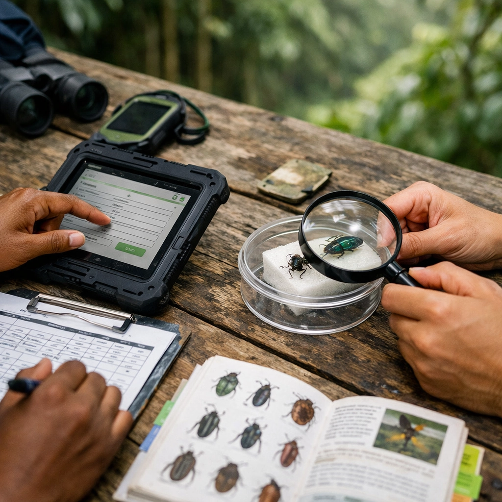 Students collaborating on data analysis during Amazon rainforest field research trip